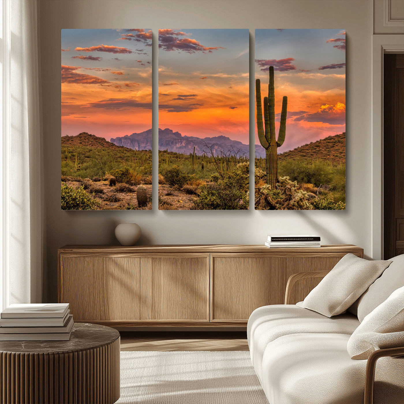 25332783-MGV-CV-36X24-Saguaro Cactus Wall Art Canvas Print, Framed Arizona Sunset Art Picture Print, Sonoran Desert Perfect Southwestern Boho Decor