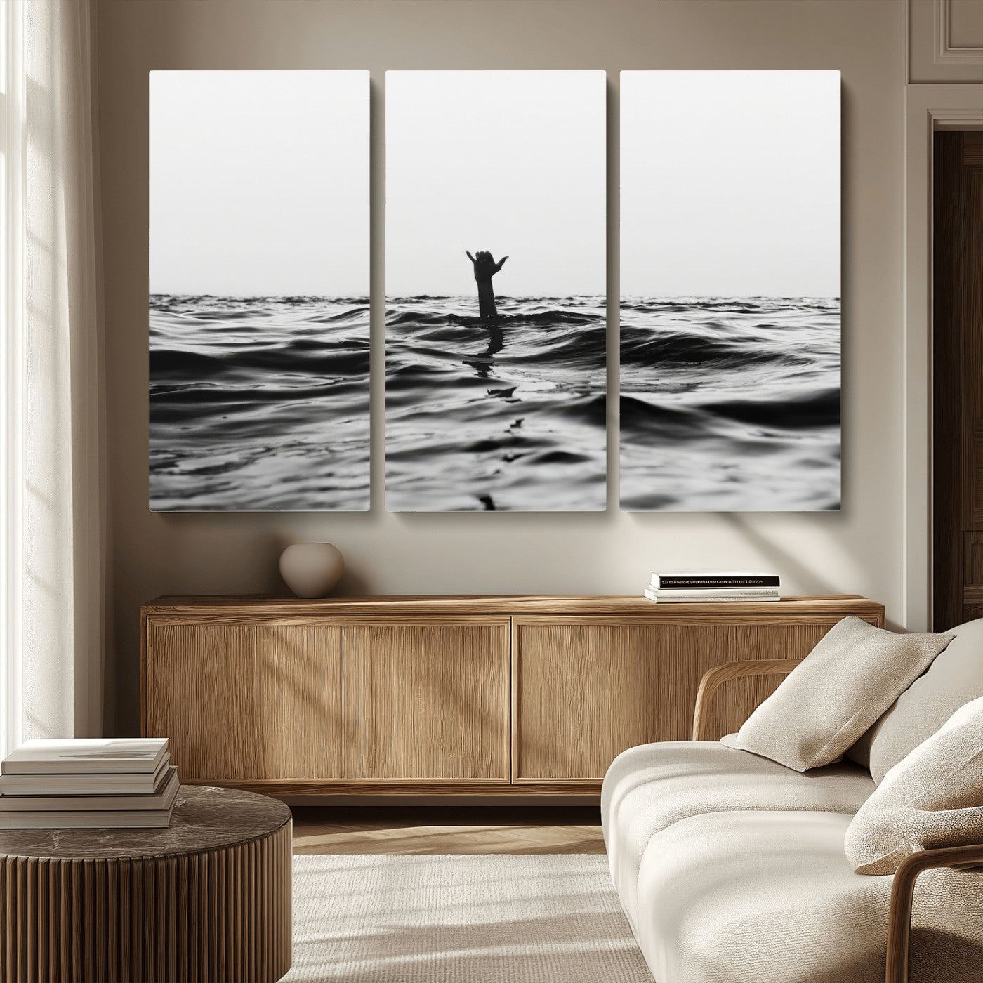 69541918-MGV-CV-36X24-Black White Ocean Wall Art Canvas Print, Framed Moody Seascape Art Picture Print, Surfer Sign Perfect Moody Minimalist Decor