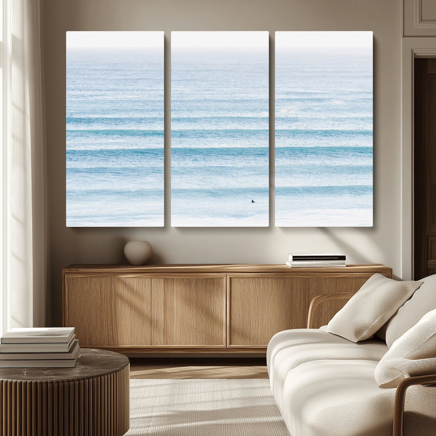 77145995-MGV-CV-36X24-Ocean Simplicity Wall Art Canvas Print, Framed Surfer on Water Art Picture Print, Light Blue Perfect Coastal Minimalist Decor