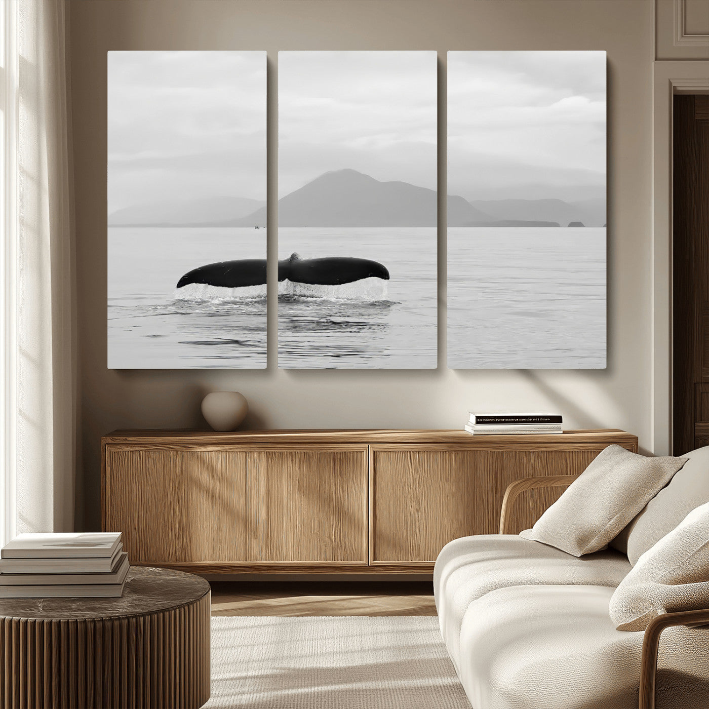 30524220-MGV-CV-36X24-Whale Tail Wall Art Canvas Print, Framed Black White Ocean Art Picture Print, Calm Marine Perfect Minimalist Coastal Decor Artwork