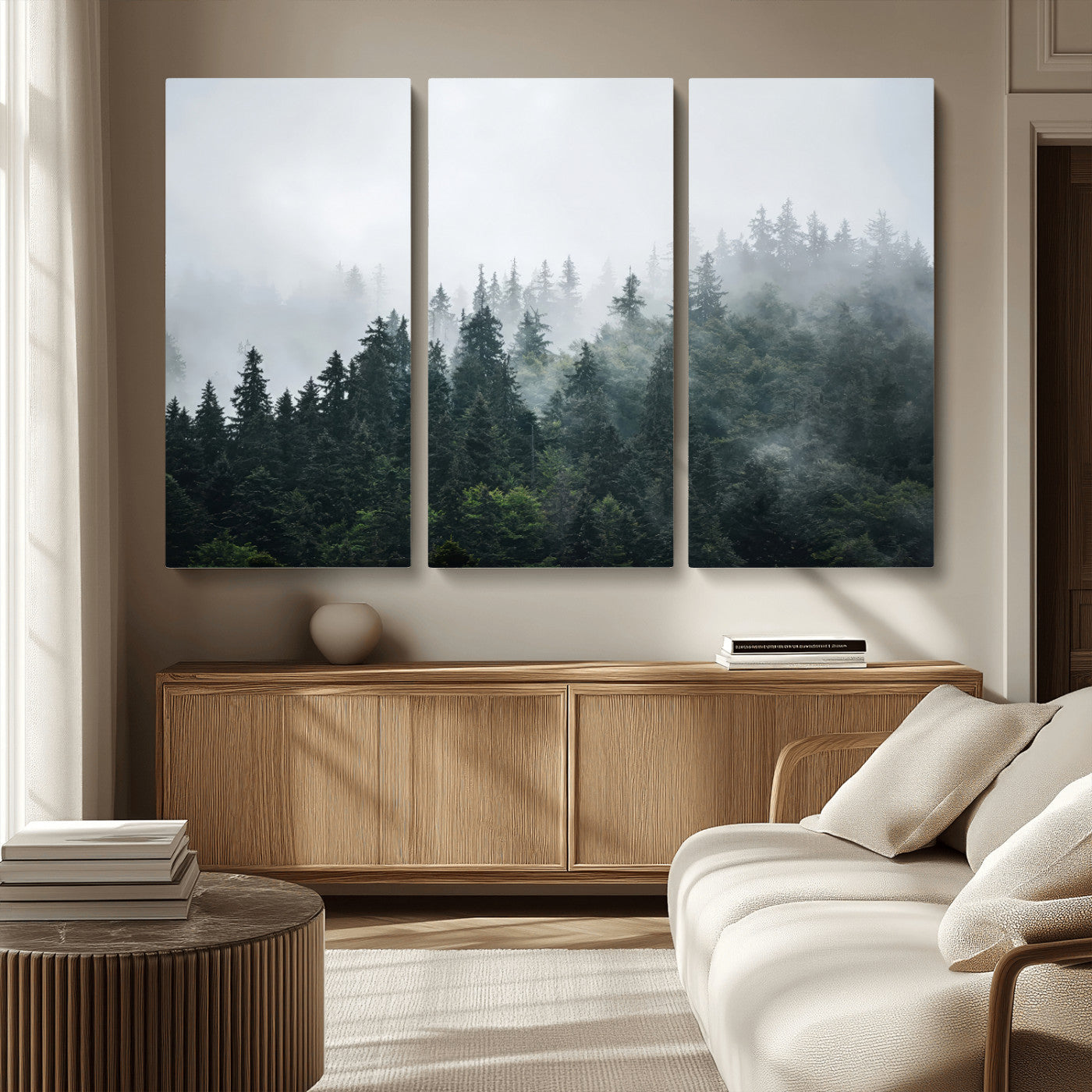 84146572-MGV-CV-36X24-Foggy Pine Trees Wall Art Canvas Print, Framed Forest Nature Art Picture Print, Evergreen Forest Perfect Scandinavian Minimalist