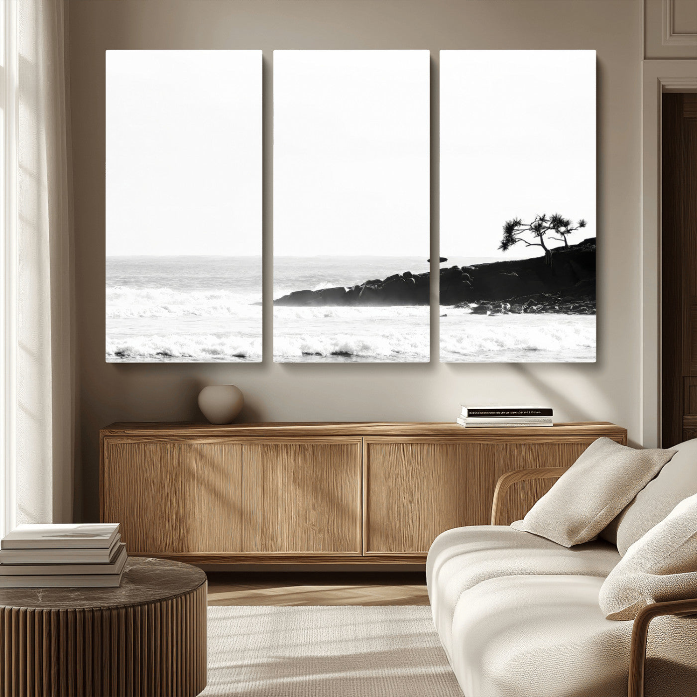 40875891-MGV-CV-36X24-SurferCliffs Wall Art Canvas Print, Framed Black White Beach Art Picture Print, Ocean Waves Perfect Minimalist Coastal Decor