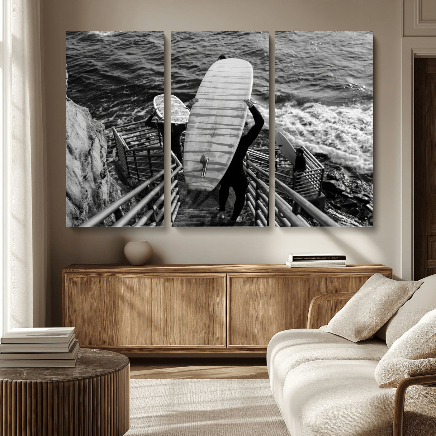 32353707-MGV-CV-36X24-Black White Surfing Wall Art Canvas Print, Framed Coastal Surfing Art Picture Print, Wave Riders Perfect Coastal Adventure Decor