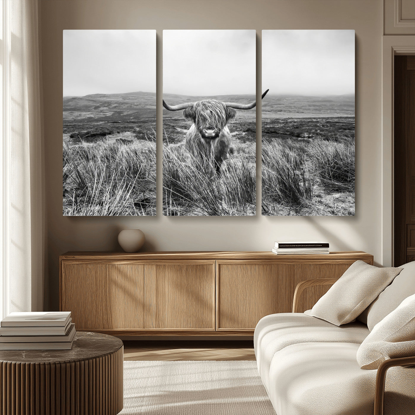 24051061-MGV-CV-36X24-Monochrome Highland Cow Wall Art Canvas Print, Framed Scottish Bull Art Picture Print, Lone Cattle Perfect Rustic Farmhouse Decor