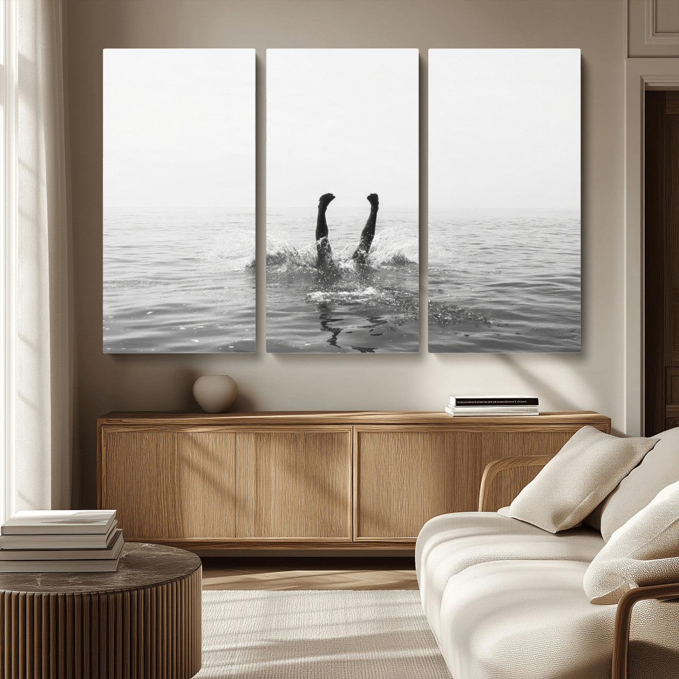 26667396-MGV-CV-36X24-Black White Ocean Wall Art Canvas Print, Framed Monochrome Water Art Picture Print, Diving into Water Perfect Minimalist Aquatic