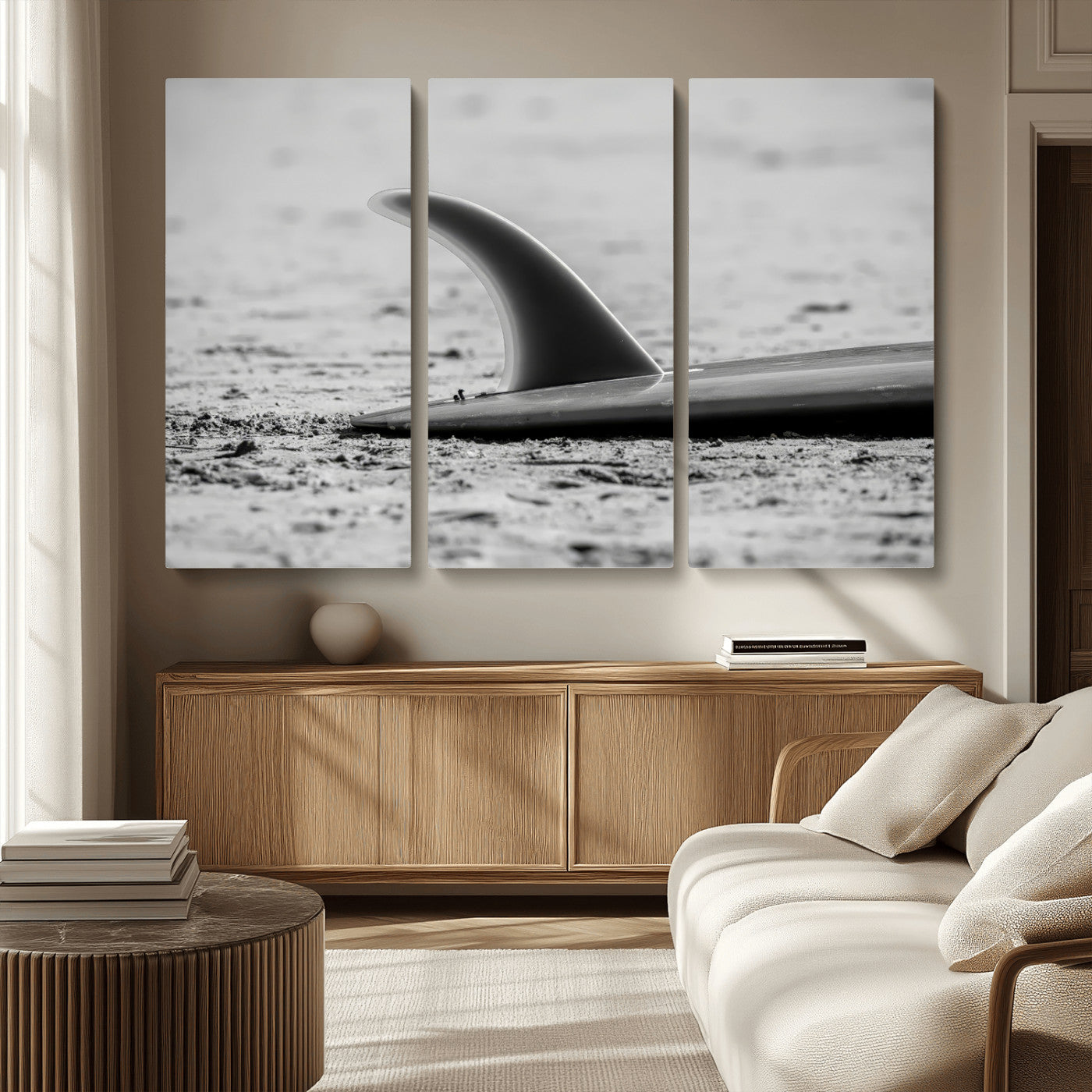 62314230-MGV-CV-36X24-Black White Surfboard Wall Art Canvas Print, Framed Minimalist Beach Art Picture Print, Surf Fin Perfect Minimalist Coastal Decor