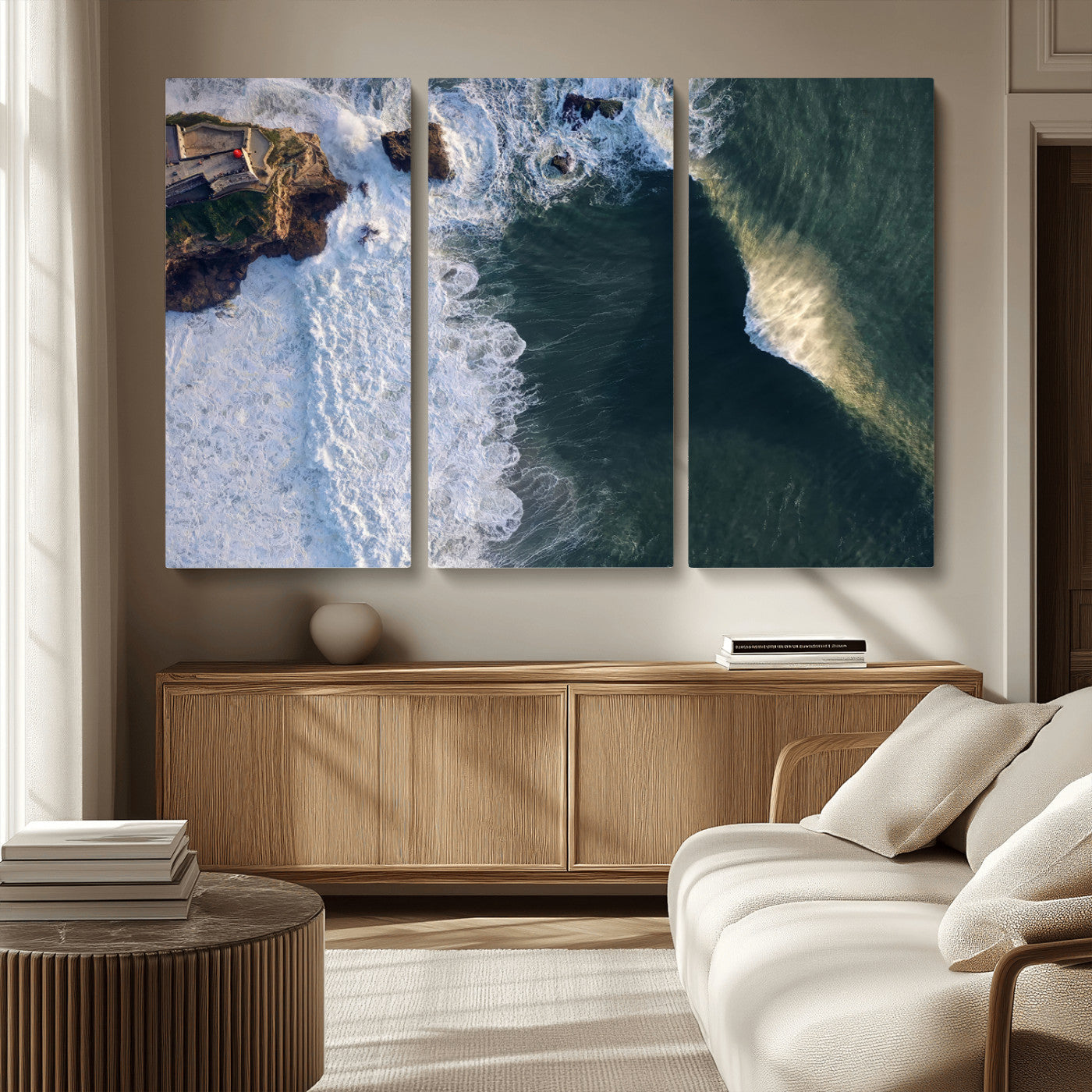 37405684-MGV-CV-36X24-Nazaré Coast Wall Art Canvas Print, Framed Aerial Ocean Art Picture Print, Coastal Fortress Perfect Dramatic Coastal Decor Artwork