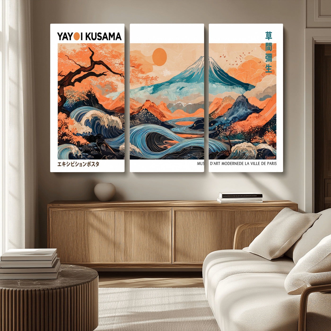 88785870-MGV-CV-36X24-Japanese Great Wave & Mt Fuji Wall Art – Ukiyo e Style Landscape Print with Flowing River, Autumn Mountain Poster, Oriental Asian