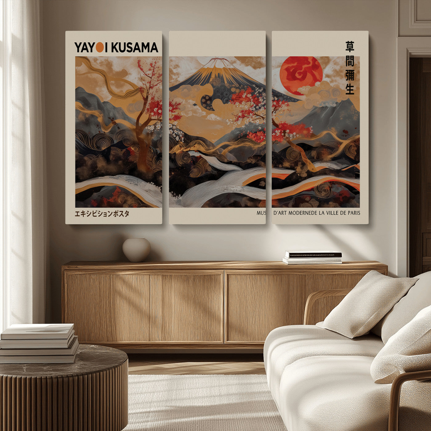 77970791-MGV-CV-36X24-Mount Fuji Golden Abstract Wall Art – Japanese Landscape Canvas Poster, Cherry Blossom & Red Sun Painting, Elegant Zen Oriental