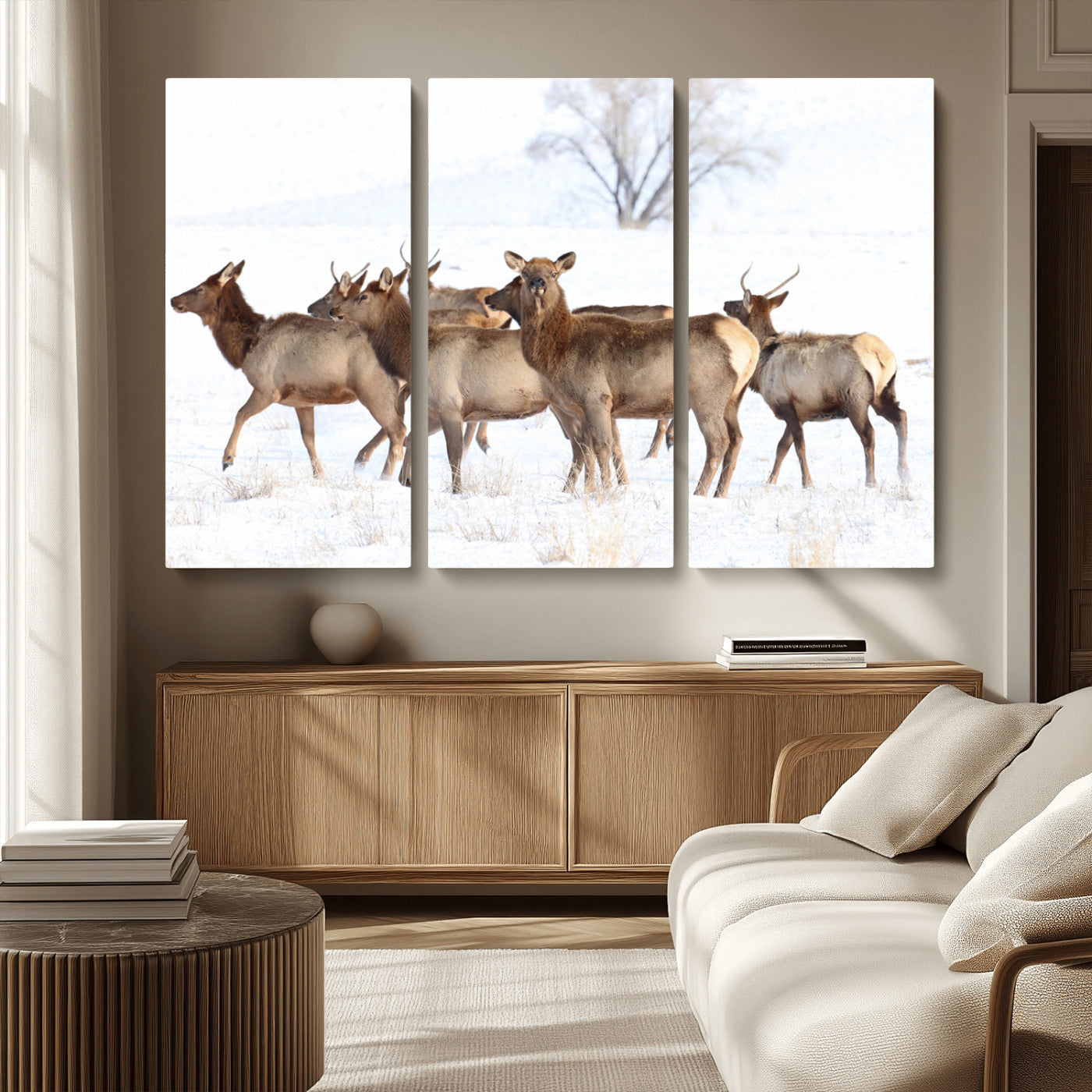 68738684-MGV-CV-36X24-Winter Elk Scene Wall Art Canvas Print, Framed Wildlife Photography Art Picture Print, Snowy Deer Decor Perfect Rustic Lodge Decor