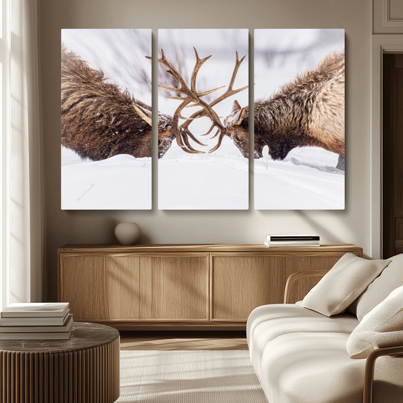36507609-MGV-CV-36X24-Elk Clash Scene Wall Art Canvas Print, Framed Wildlife Strength Decor Art Picture Print, Snowy Forest Elk Perfect Rustic Lodge