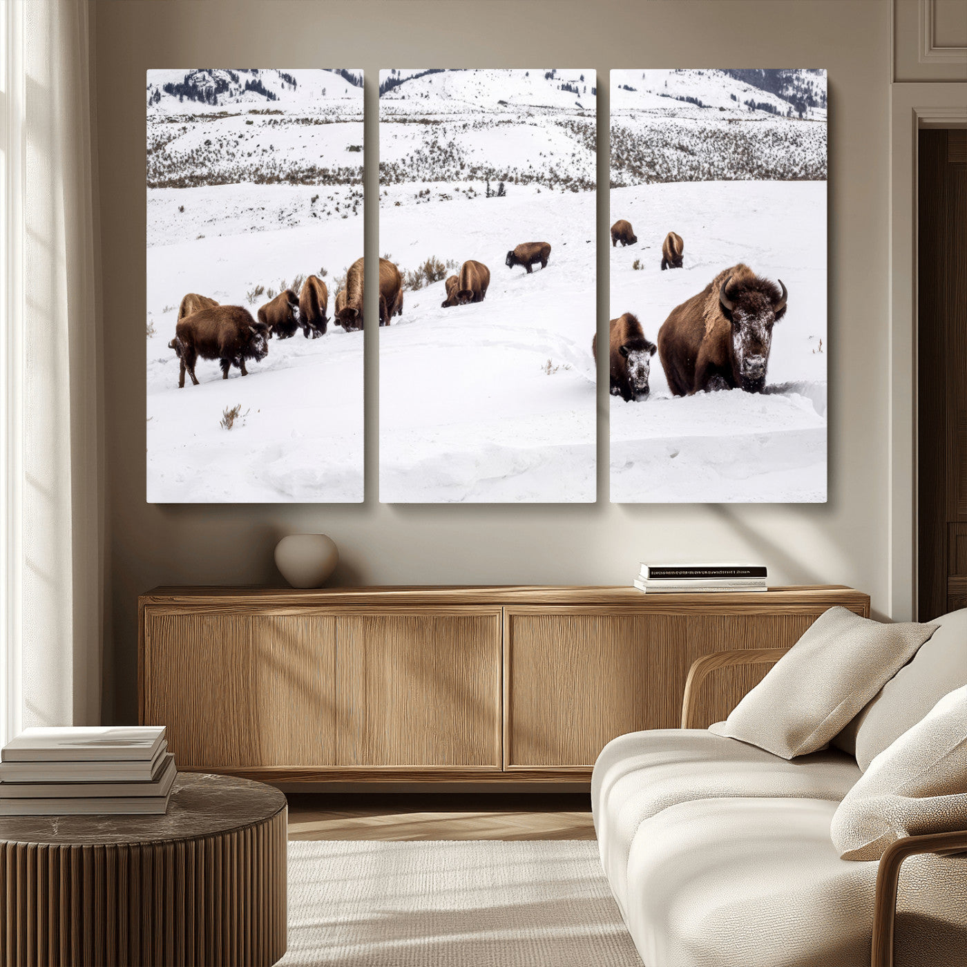 13891210-MGV-CV-36X24-Bison Herd Scene Wall Art Canvas Print, Framed Western Wildlife Decor Art Picture Print, Snowy Mountain Valley Perfect Rustic