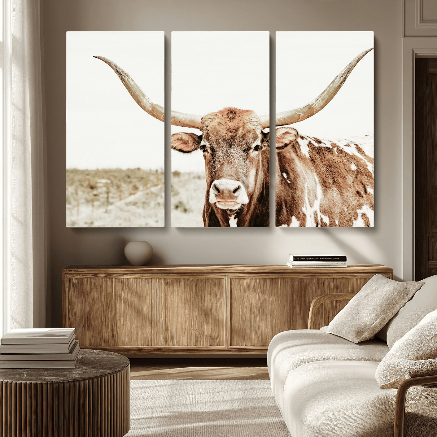 98924580-MGV-CV-36X24-Texas Longhorn Bull Wall Art Canvas Print, Framed Rustic Farmhouse Decor Art Picture Print, Western Animal Theme Perfect Rustic