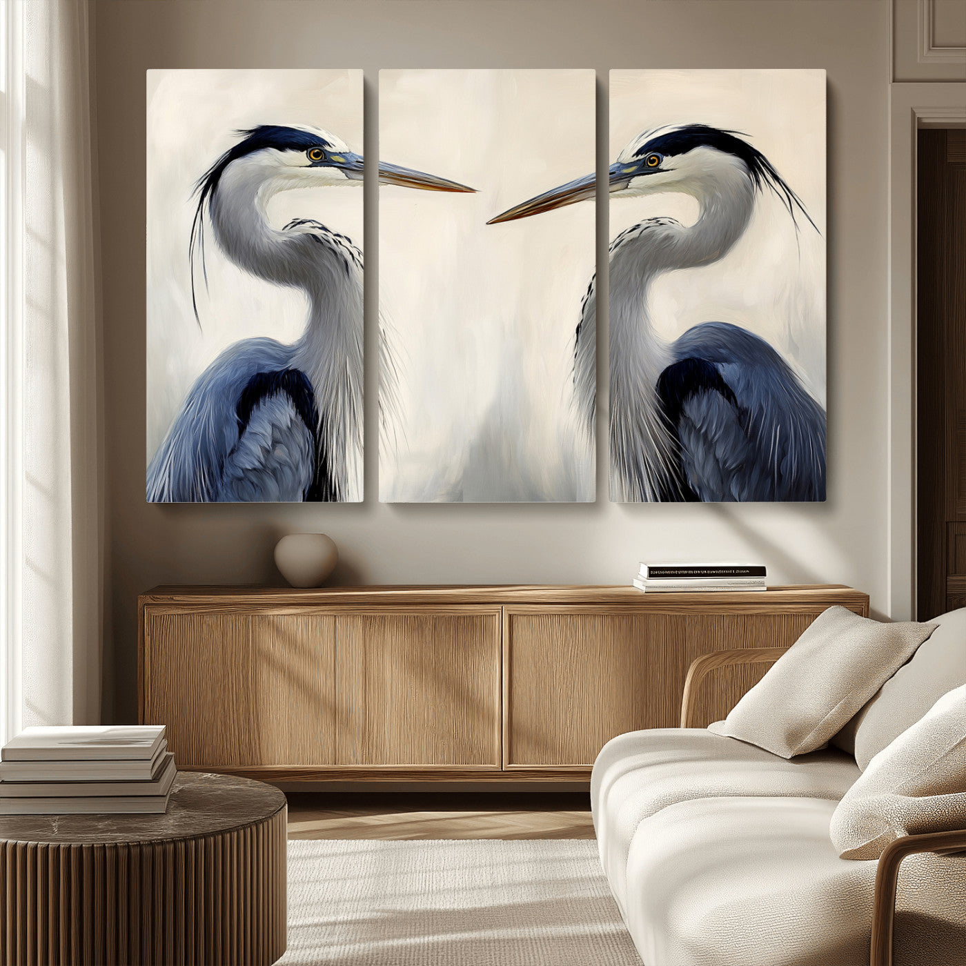 18230556-MGV-CV-36X24-Blue Heron Pair Wall Art Canvas Print, Framed Coastal Bird Theme Art Picture Print, Tranquil Wildlife Scene Perfect Coastal