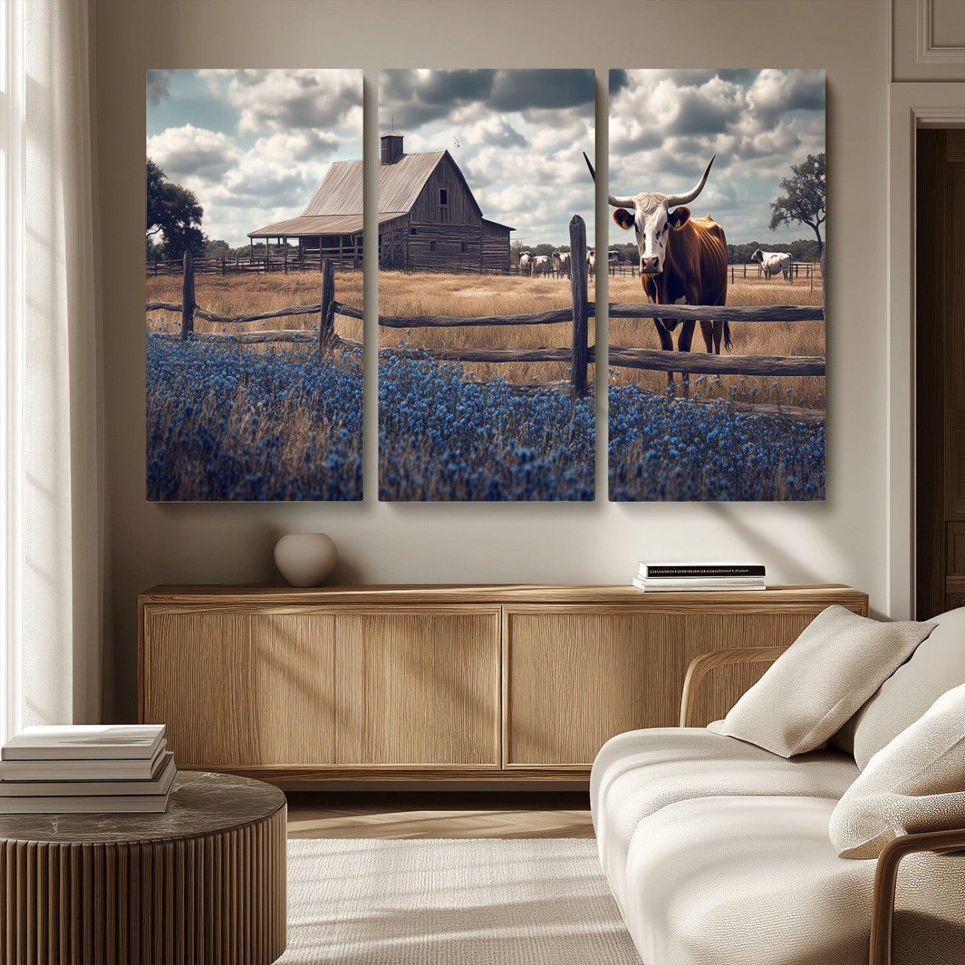 51092814-MGV-CV-36X24-Texas Longhorn Wall Art Wall Art Canvas Print, Framed Rustic Barn Canvas Art Picture Print, Farmhouse Cow Decor Perfect Rustic