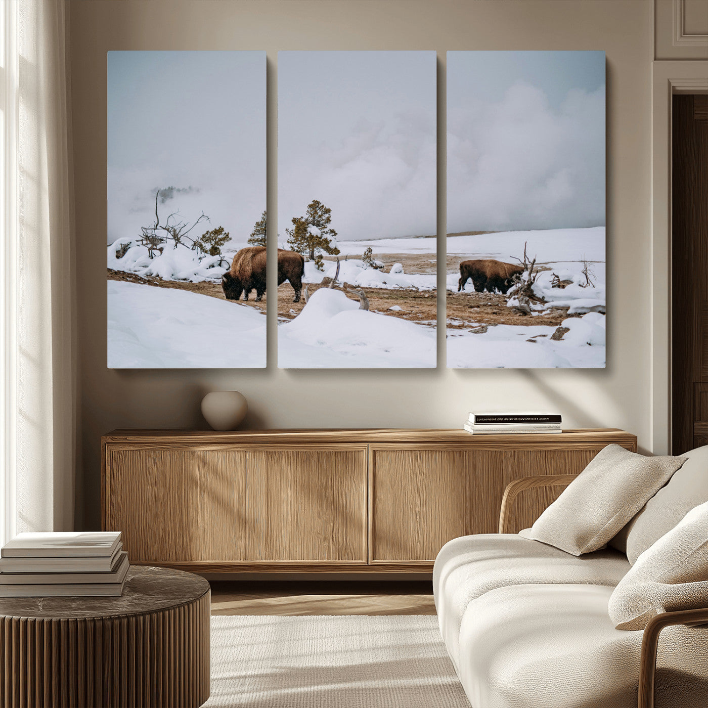 60308289-MGV-CV-36X24-Bison Wildlife Wall Art Canvas Print, Framed Snowy Prairie Art Picture Print, Western Landscape Perfect Rustic Winter Decor
