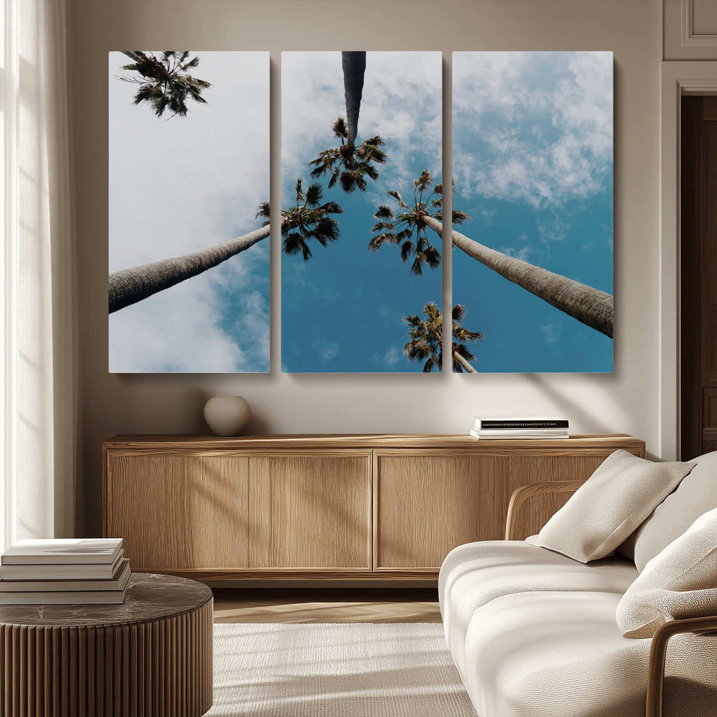 45236398-MGV-CV-36X24-Tropical Palm Trees Wall Art Canvas Print, Framed California Sky Art Picture Print, Minimalist Nature Perfect Coastal Minimalist