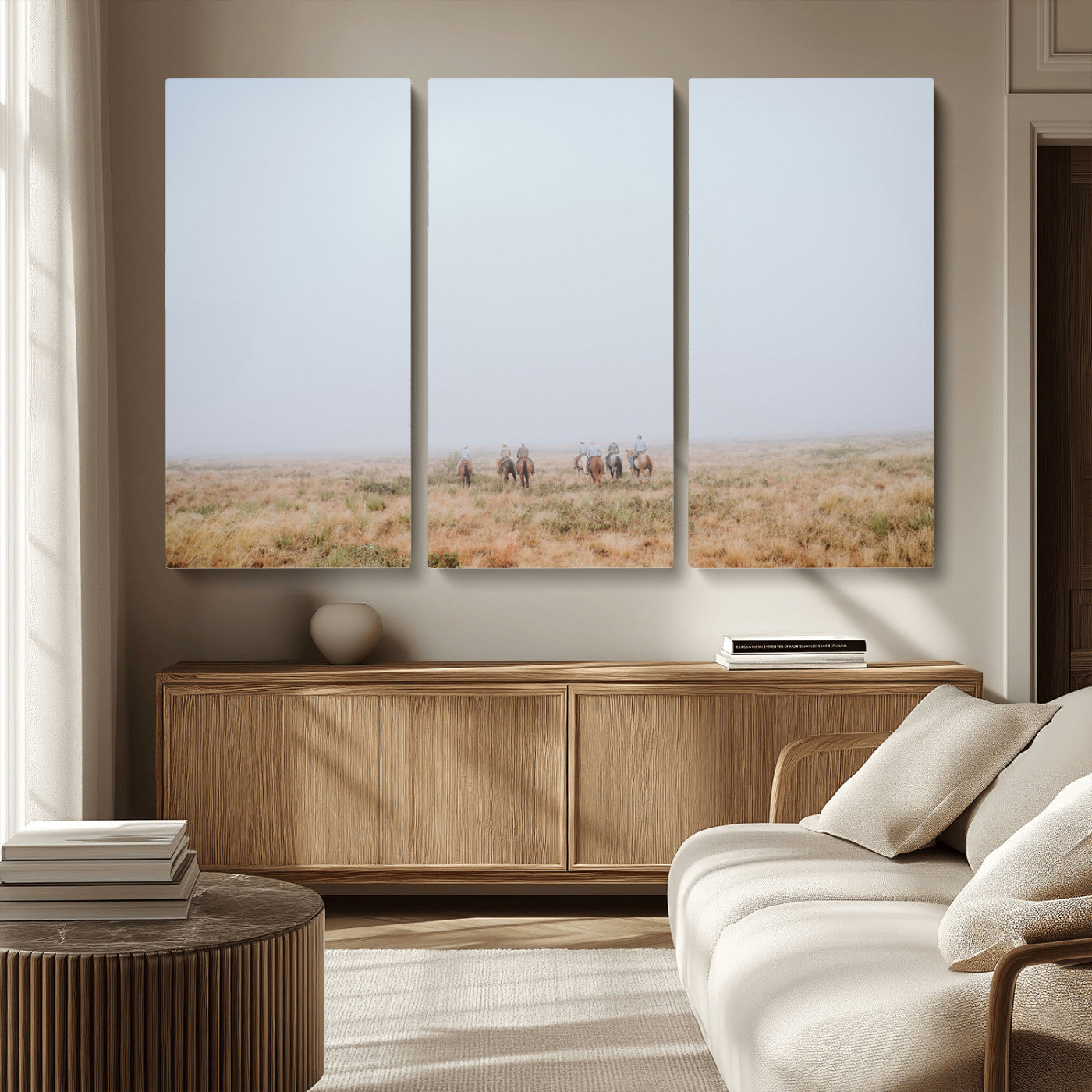 14761944-MGV-CV-36X24-Foggy Plains Wall Art Canvas Print, Framed Horseback Riders Art Picture Print, Rustic Western Perfect Rustic Western Decor Artwork