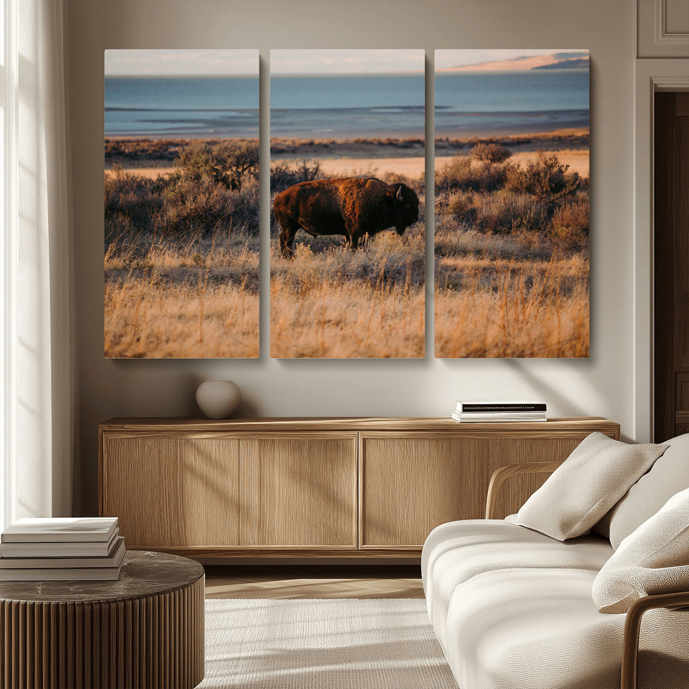 39509187-MGV-CV-36X24-Western Wildlife Wall Art Canvas Print, Framed Bison Art Picture Print, Golden Hour Perfect Western Rustic Decor Artwork