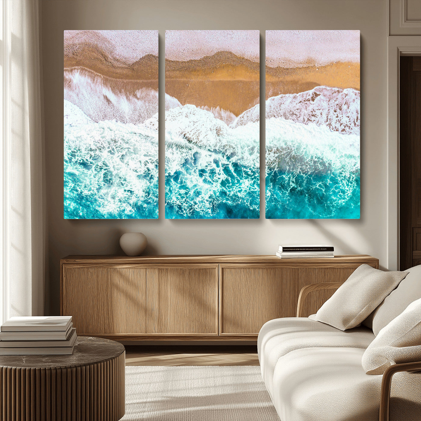 26870666-MGV-CV-36X24-Aerial Beach Wall Art Canvas Print, Framed Ocean Waves Art Picture Print, Coastal Landscape Perfect Coastal Minimalist Decor
