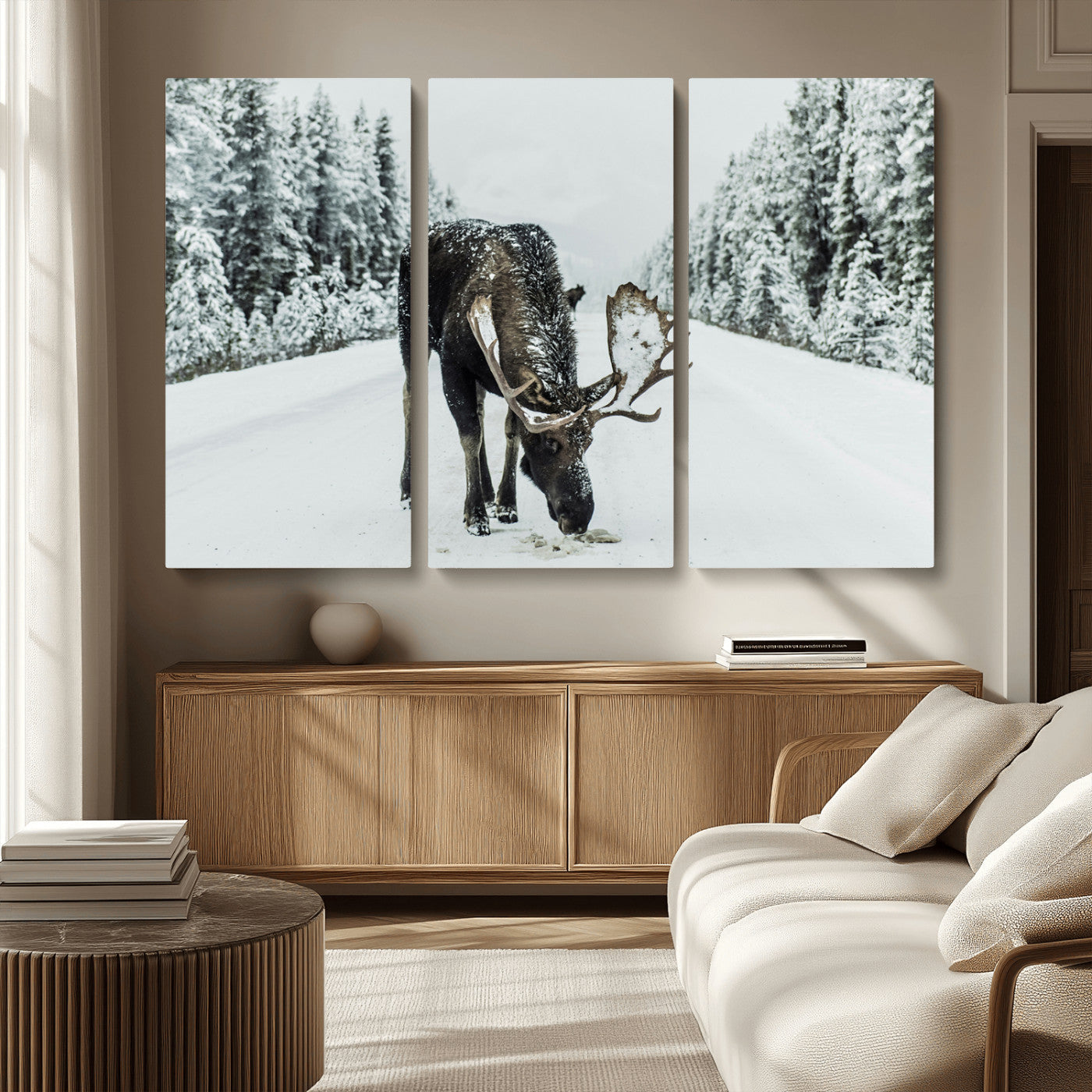 13316292-MGV-CV-36X24-Moose in Snow Wall Art Canvas Print, Framed Winter Wildlife Art Picture Print, Snowy Forest Scene Perfect Rustic Lodge Decor