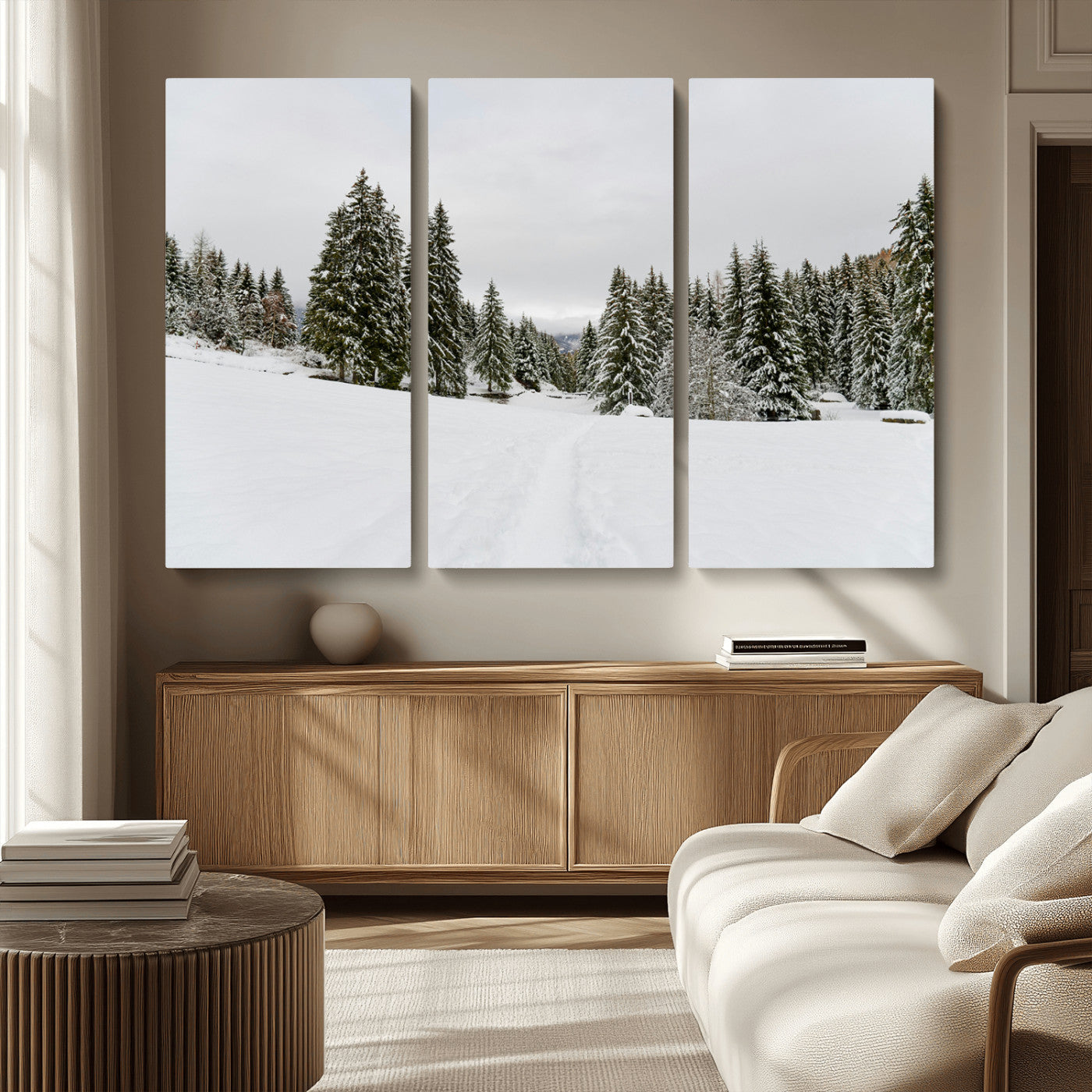 24581417-MGV-CV-36X24-Frosty Pines Wall Art Canvas Print, Framed Silent Snowfall Art Picture Print, Cozy Cabin Vibes Perfect Nordic Minimalist Decor