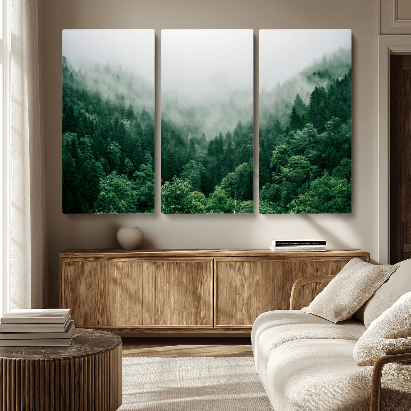 45265379-MGV-CV-36X24-Misty Forest Wall Art – Green Mountain Pine Tree Landscape Canvas Print, Nature Photography Artwork Home Decor for Bedroom, Living