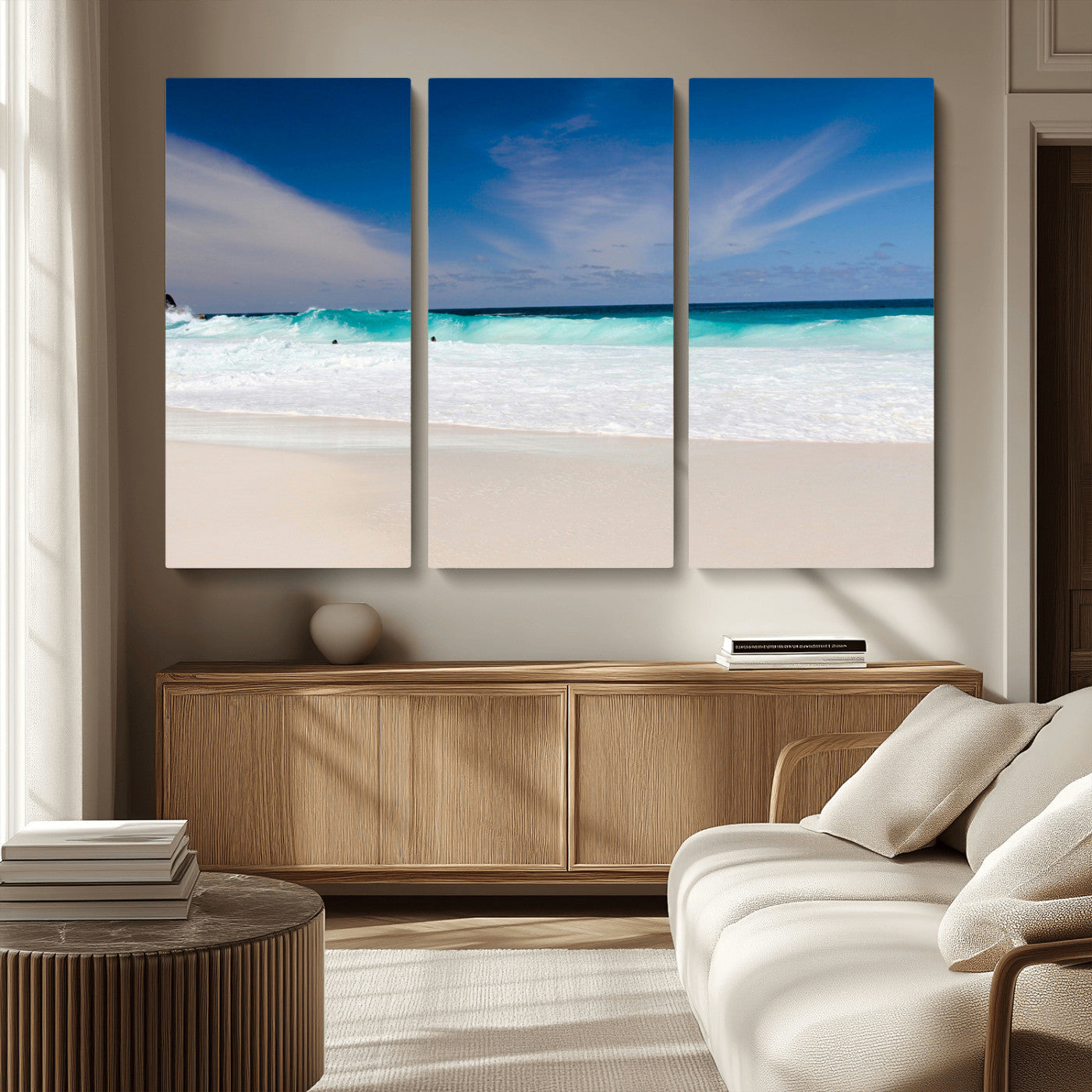 55017356-MGV-CV-36X24-Ocean Beach Wall Art – Turquoise Wave and White Sand Shoreline Canvas Print, Coastal Seascape Photography Decor for Living Room,