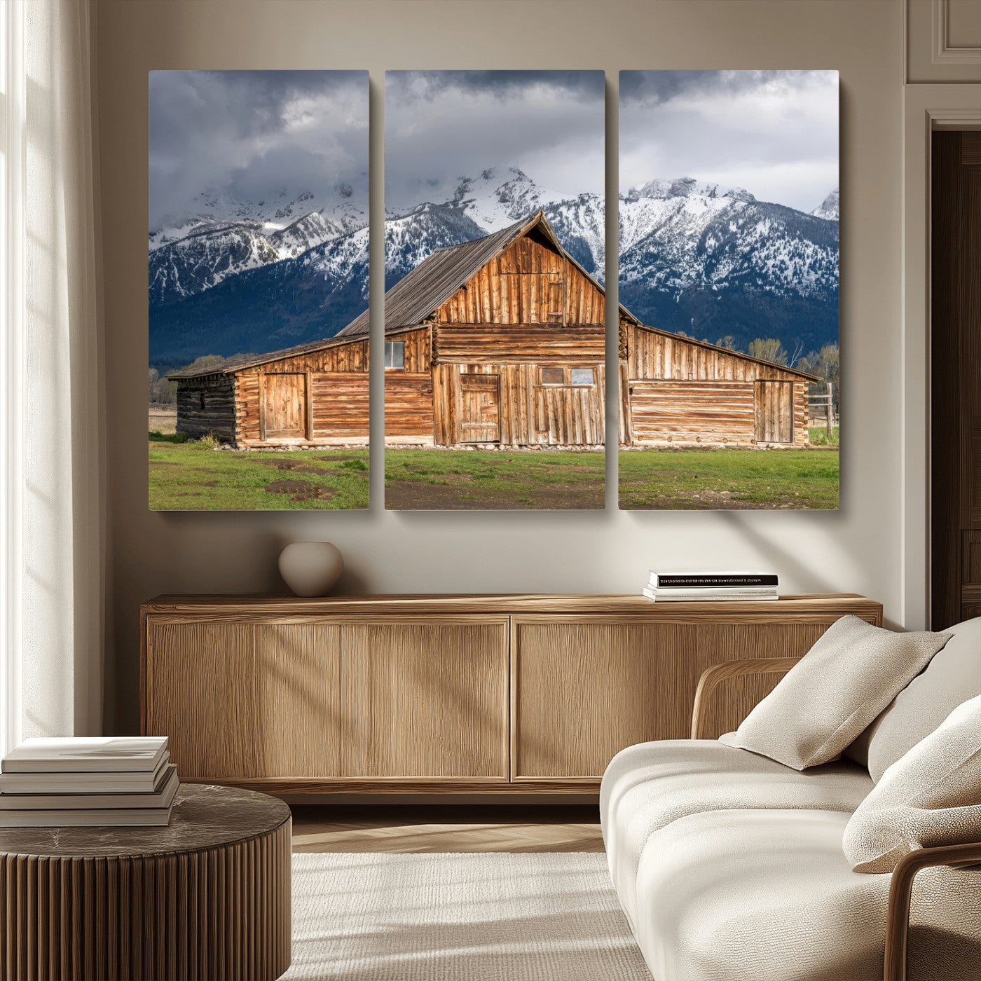 15173627-MGV-CV-36X24-Barn Wall Art – Rustic Wooden Cabin Canvas Print with Snowy Mountain Landscape, Western Farmhouse Country Decor for Living Room,
