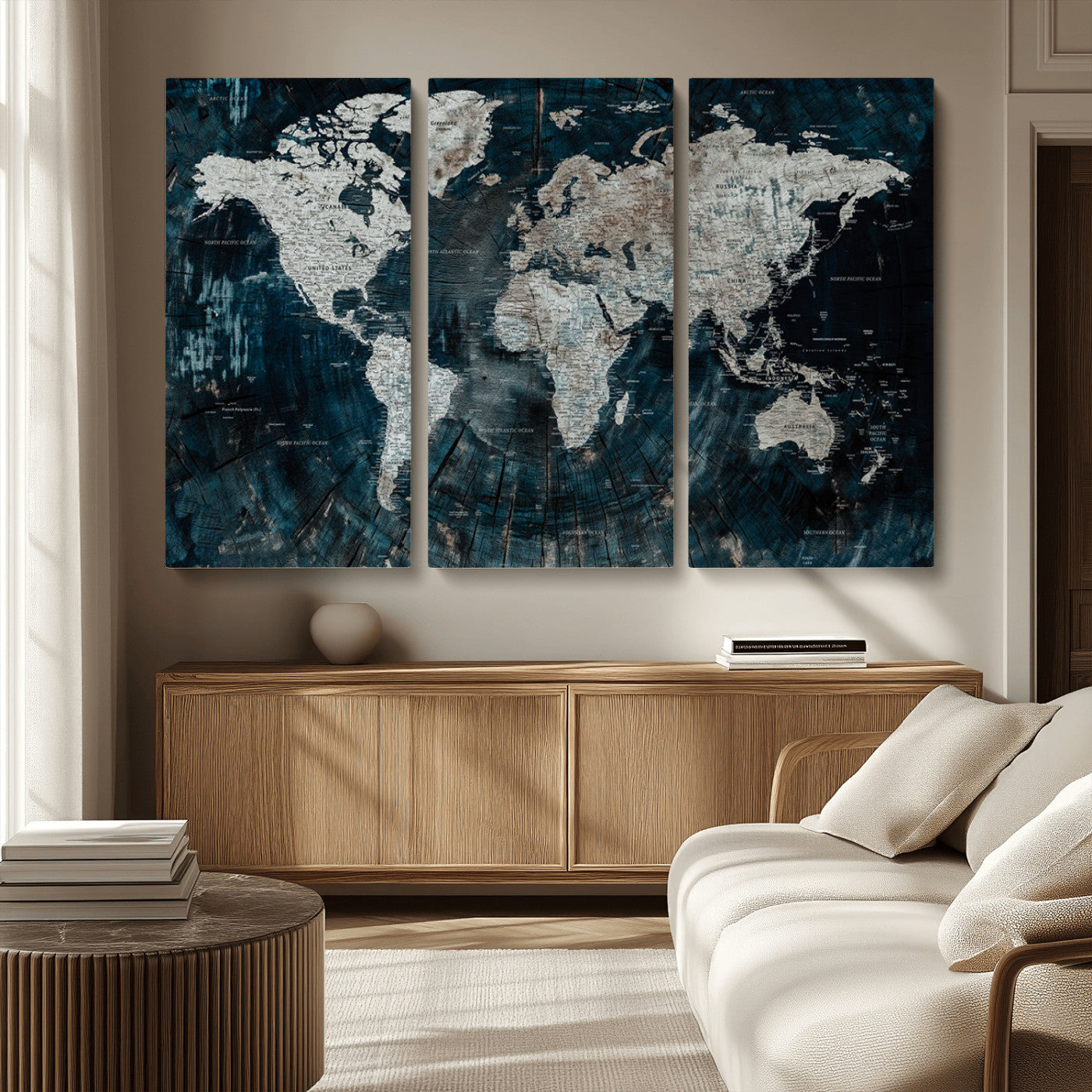 34425609-MGV-CV-36X24-World Map Wall Art – Rustic Navy and Grey Atlas Canvas Print, Distressed Explorer Map Artwork, Industrial Style Decor for Office,