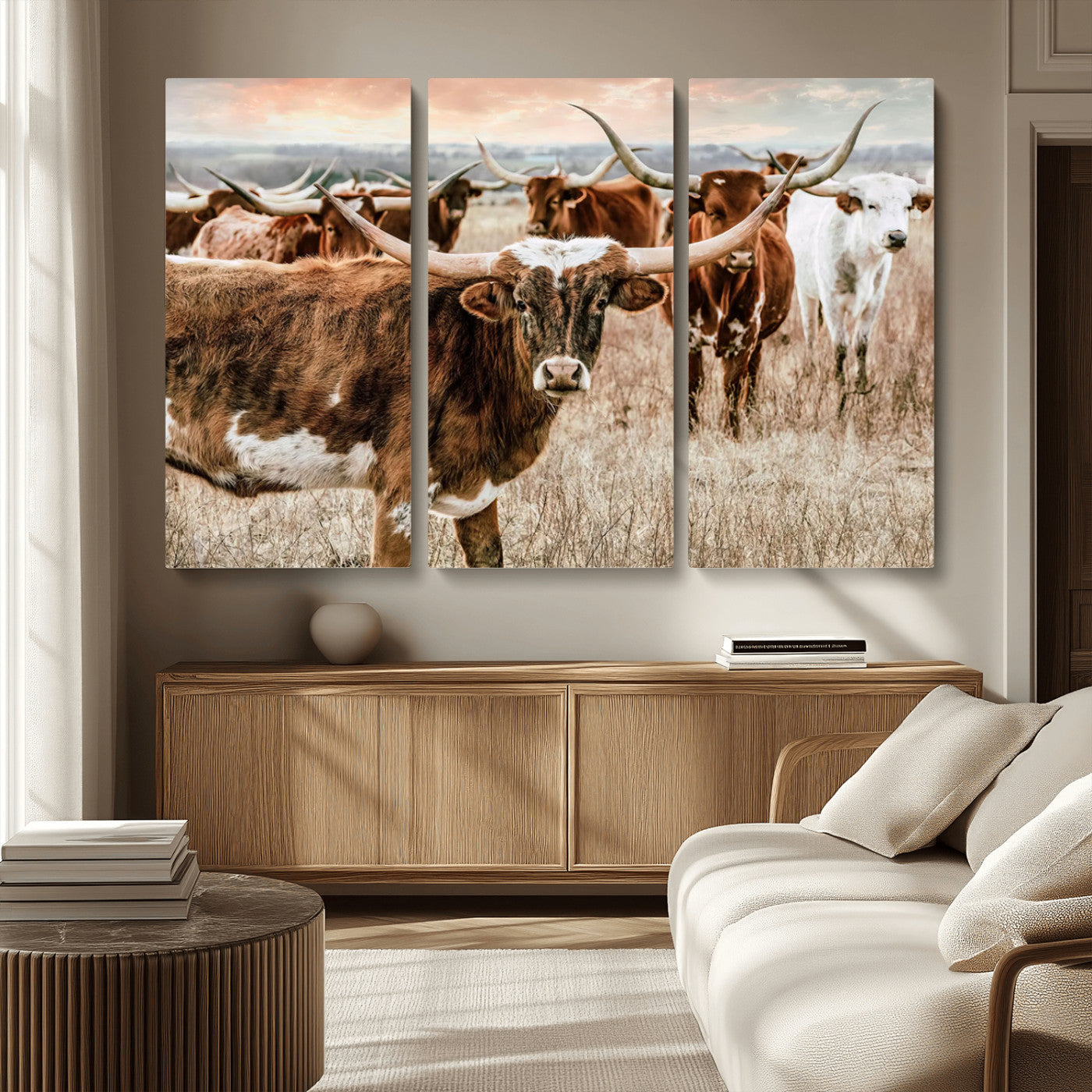 47758300-MGV-CV-36X24-Texas Longhorn Cattle Wall Art – Rustic Western Herd Canvas Print, Cowboy Ranch Farmhouse Decor for Living Room, Office, or