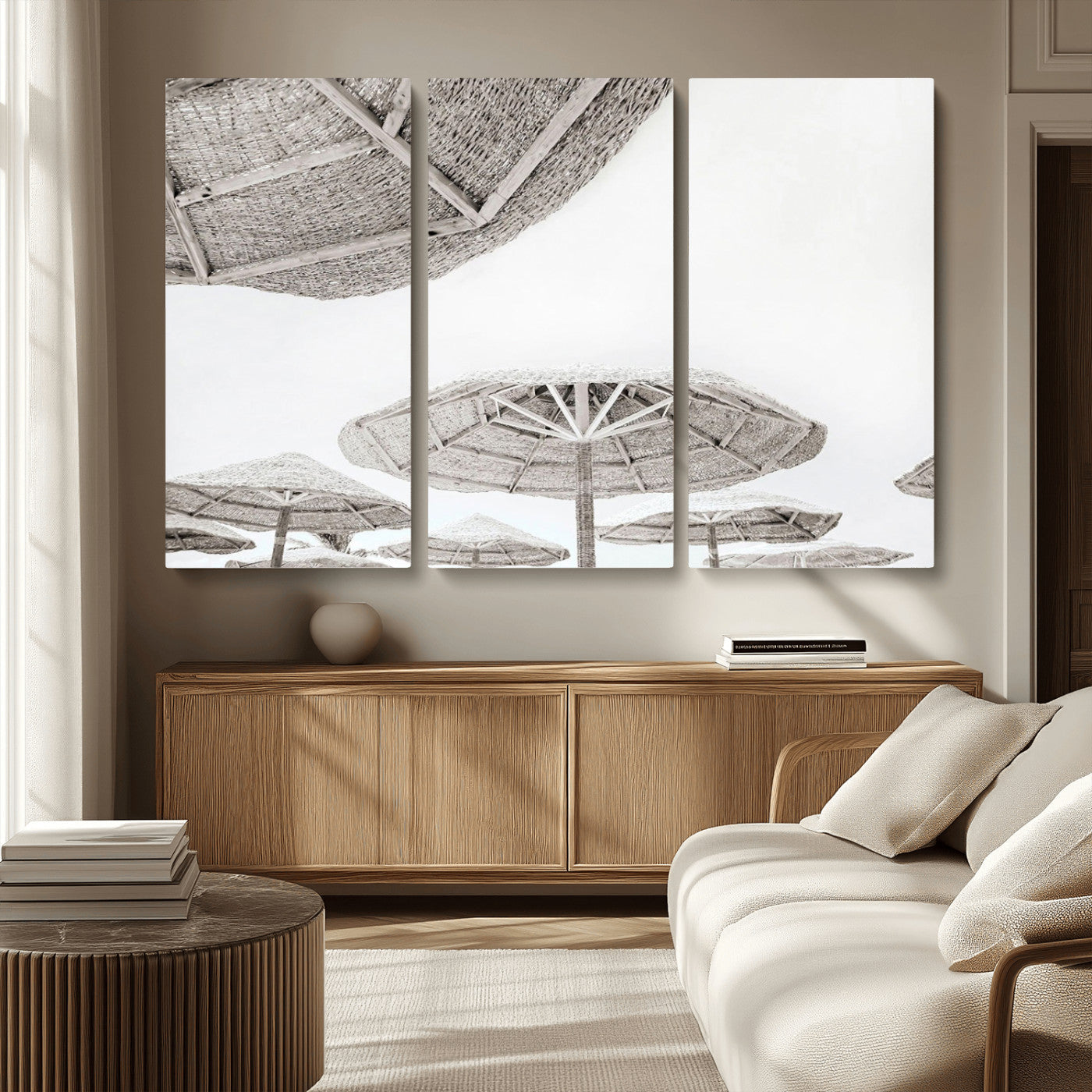 97043123-MGV-CV-36X24-Beach Umbrella Wall Art – Minimalist Coastal Canvas Print, Woven Parasol Summer Decor for Bedroom, Living Room, or Modern Beach