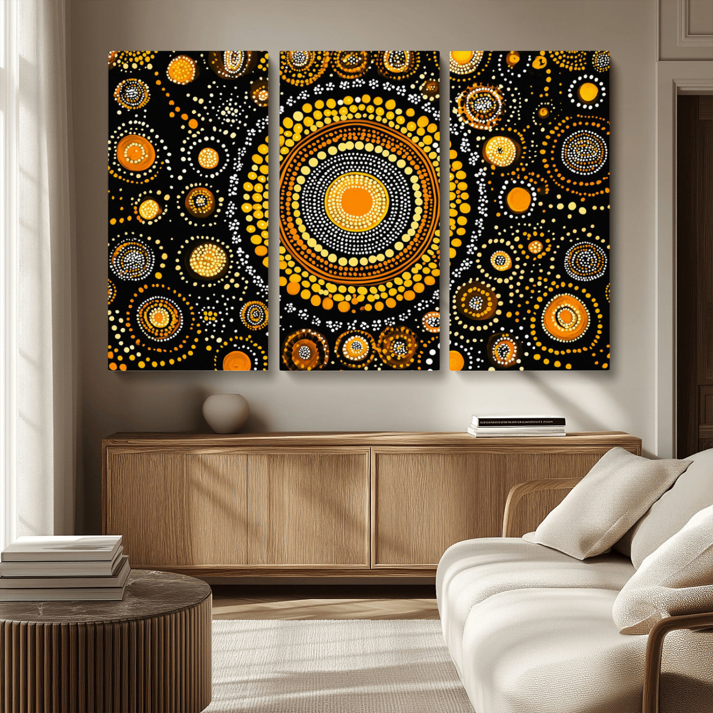 45478523-MGV-CV-48X32-3P-Abstract Circle Wall Art – Bold Black and Gold Dot Painting Canvas Print, Modern Geometric Mandala Style Decor for Living Room or