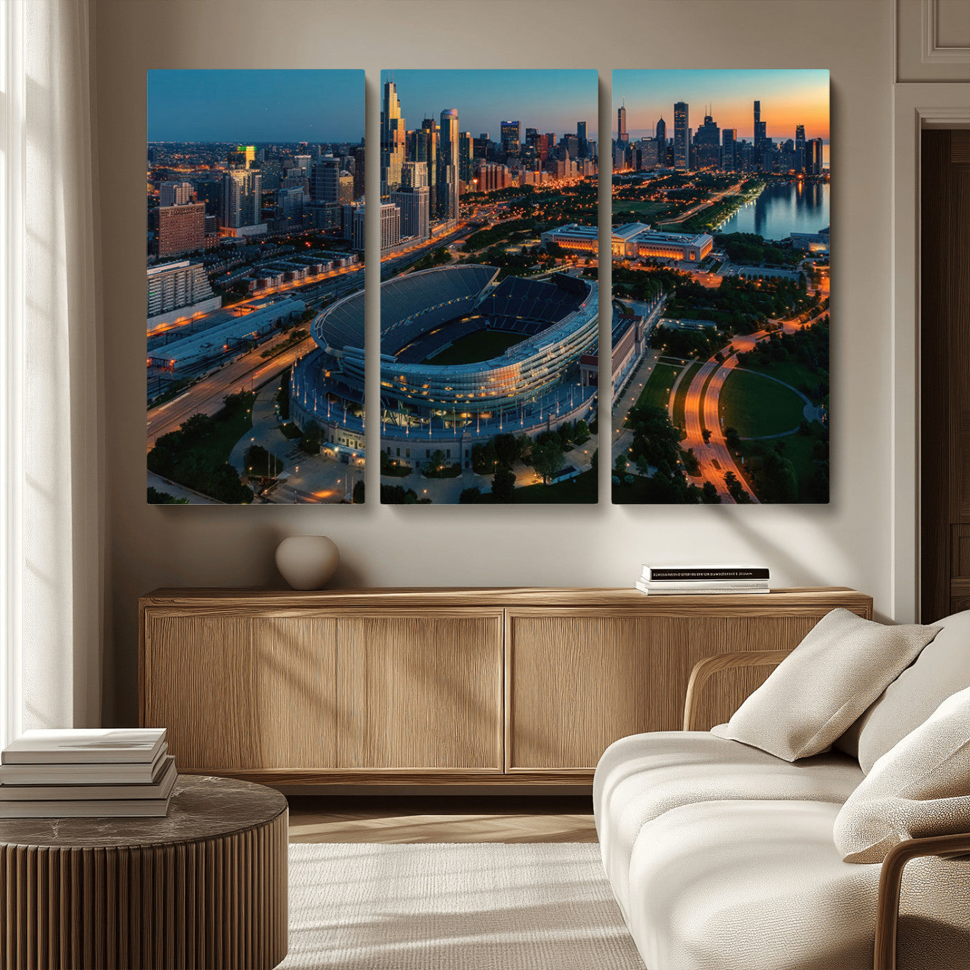 36690345-MGV-CV-36X24-Soldier Field Wall Art – Chicago Bears Stadium Aerial Night Canvas Print, City Skyline Football Decor for Living Room, Office, or