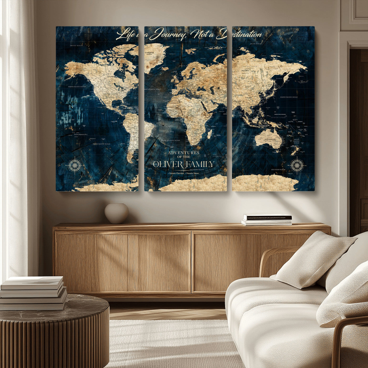 36970886-MGV-CV-36X24-Life is a Journey Not a Destination World Map Rustic Navy Beige Vintage Travel Wall Art Adventure Quote Canvas Print for Home