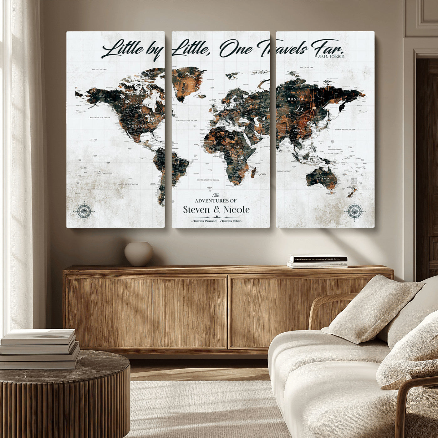 88337180-MGV-CV-36X24-Little by Little One Travels Far Tolkien Quote World Map Rustic Black Brown Adventure Wall Art Canvas Print for Home Office Living