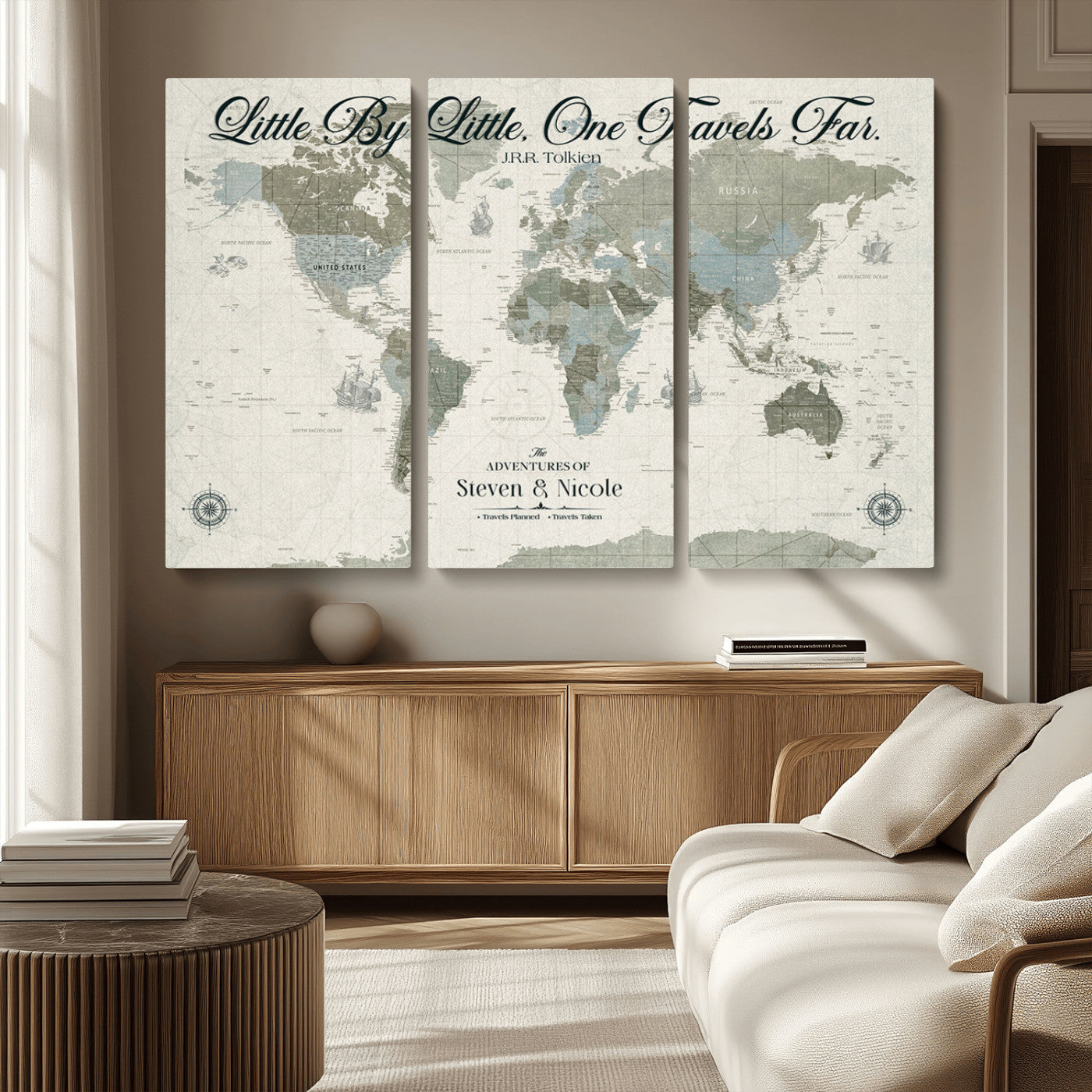 10693204-MGV-CV-48X32-3P-Little By Little One Travels Far Tolkien Quote Blue Green World Map Adventure Wall Art Canvas Print Rustic Wanderlust Travel Decor