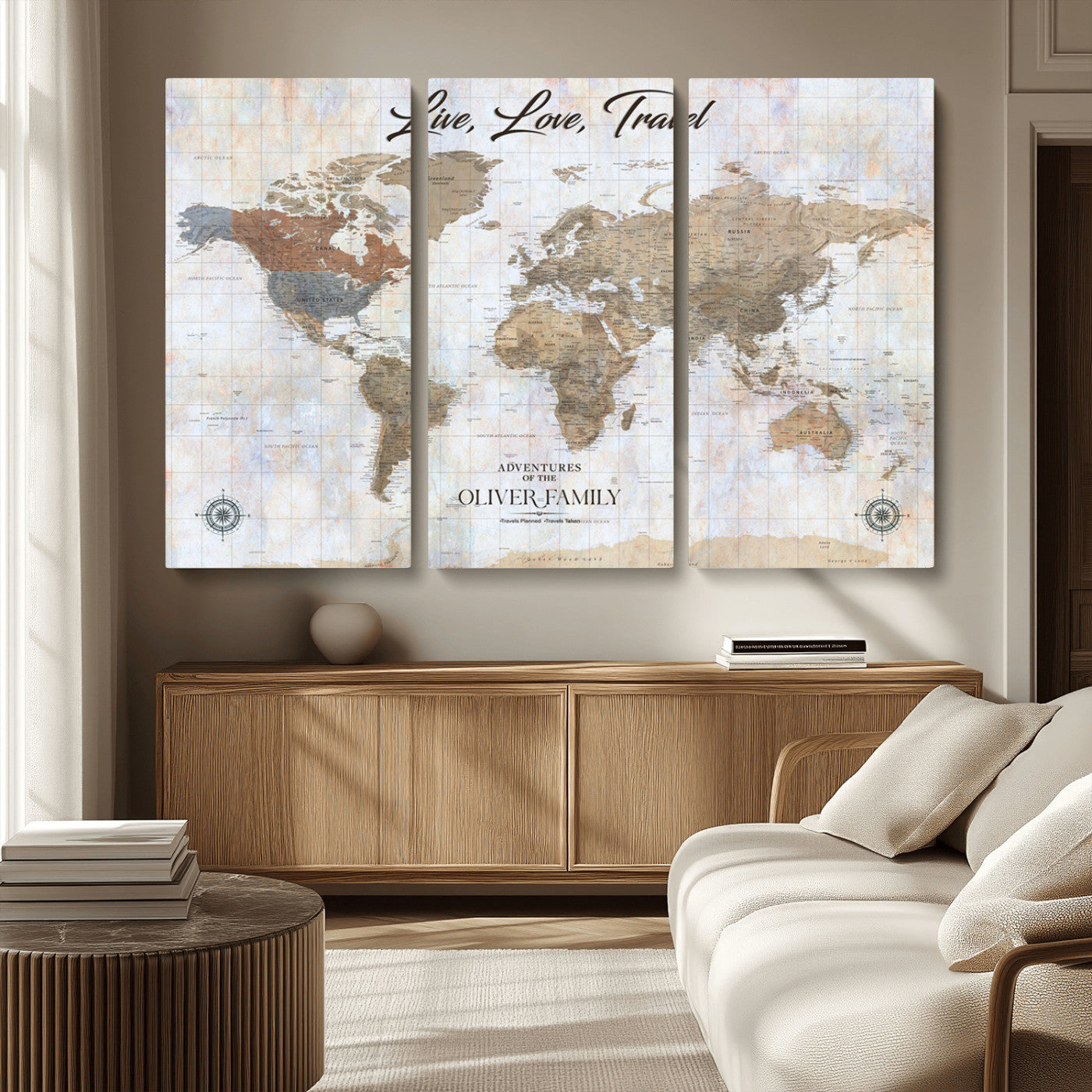 43924907-MGV-CV-36X24-Live Love Travel Wall Art – Neutral World Map Canvas Print, Rustic Adventure Decor for Home, Office or Living Room, Unique Gift