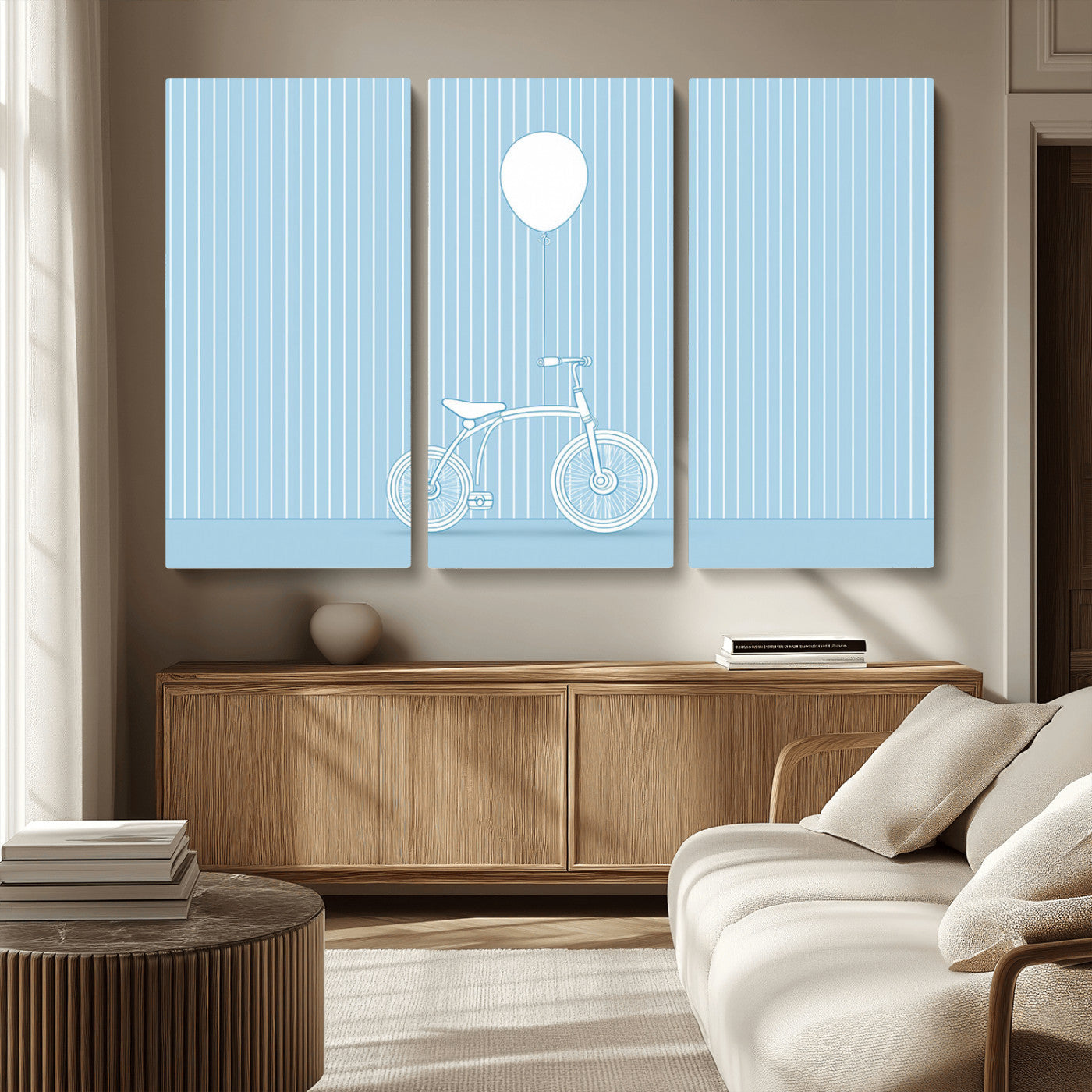 56479838-MGV-CV-36X24-Bicycle Wall Art – Minimalist Blue Canvas Print with Balloon Illustration, Modern Decor Artwork for Kids Room, Nursery, or Living