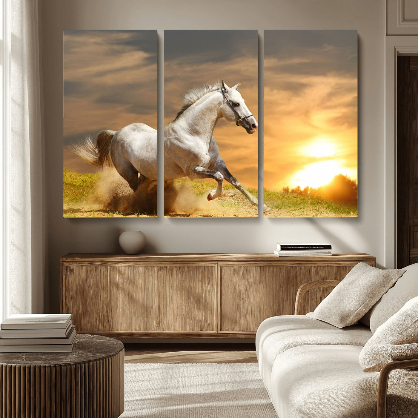 44295212-MGV-CV-36X24-Horse Wall Art – Running White Stallion Canvas Print with Sunset Background, Western Wildlife Decor for Living Room, Office, or