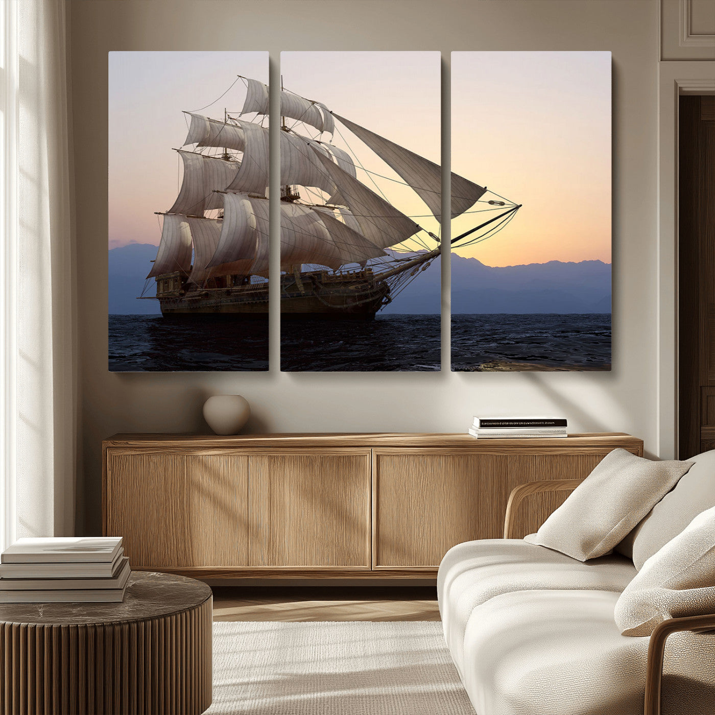 31270610-MGV-CV-36X24-Sailing Ship Wall Art – Sunset Seascape Canvas Print with Tall Ship at Sea, Nautical Ocean Decor for Living Room, Office, or