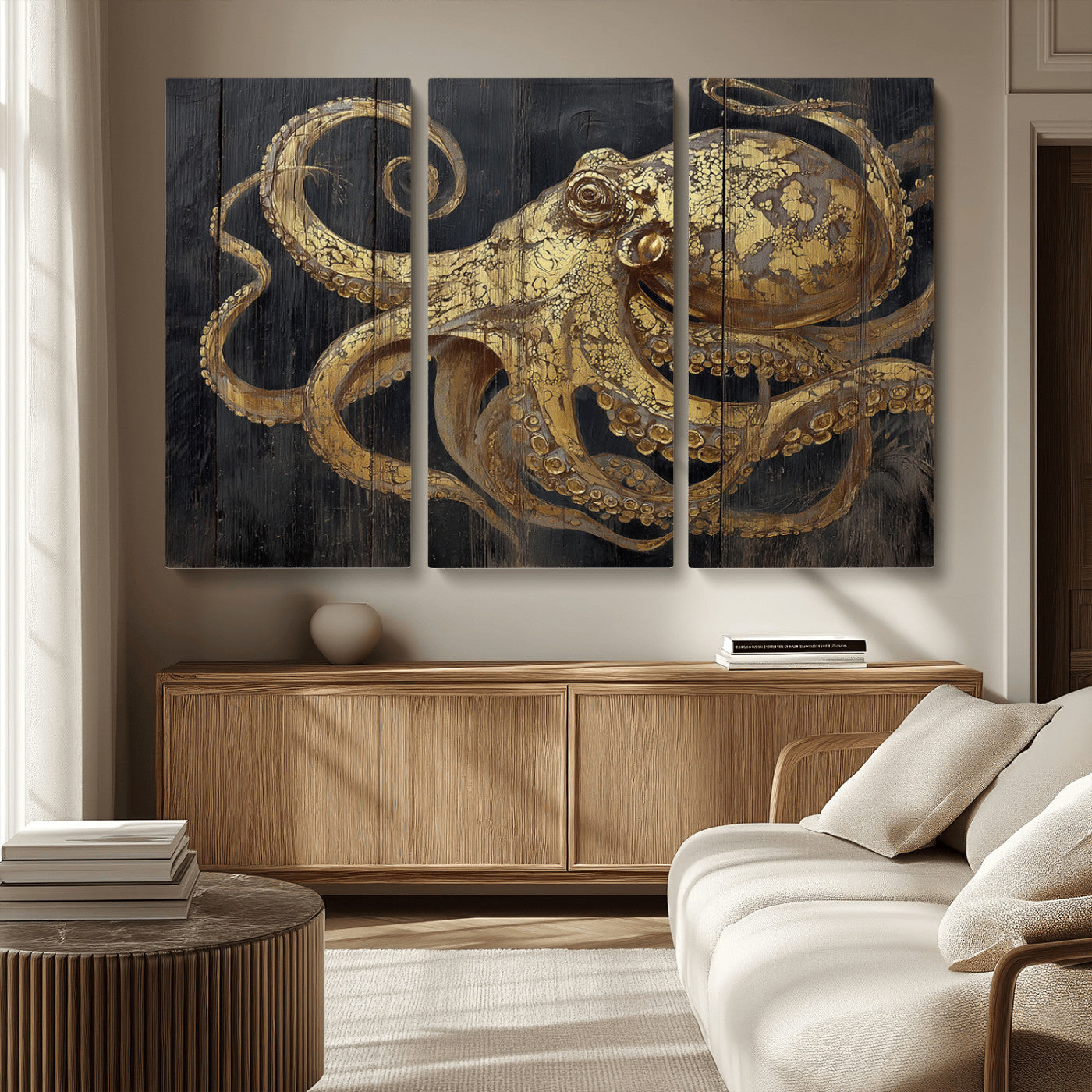 47056538-MGV-CV-36X24-Octopus Wall Art – Gold Nautical Canvas Print with Rustic Wood Texture, Marine Creature Artwork for Coastal Ocean Decoration in