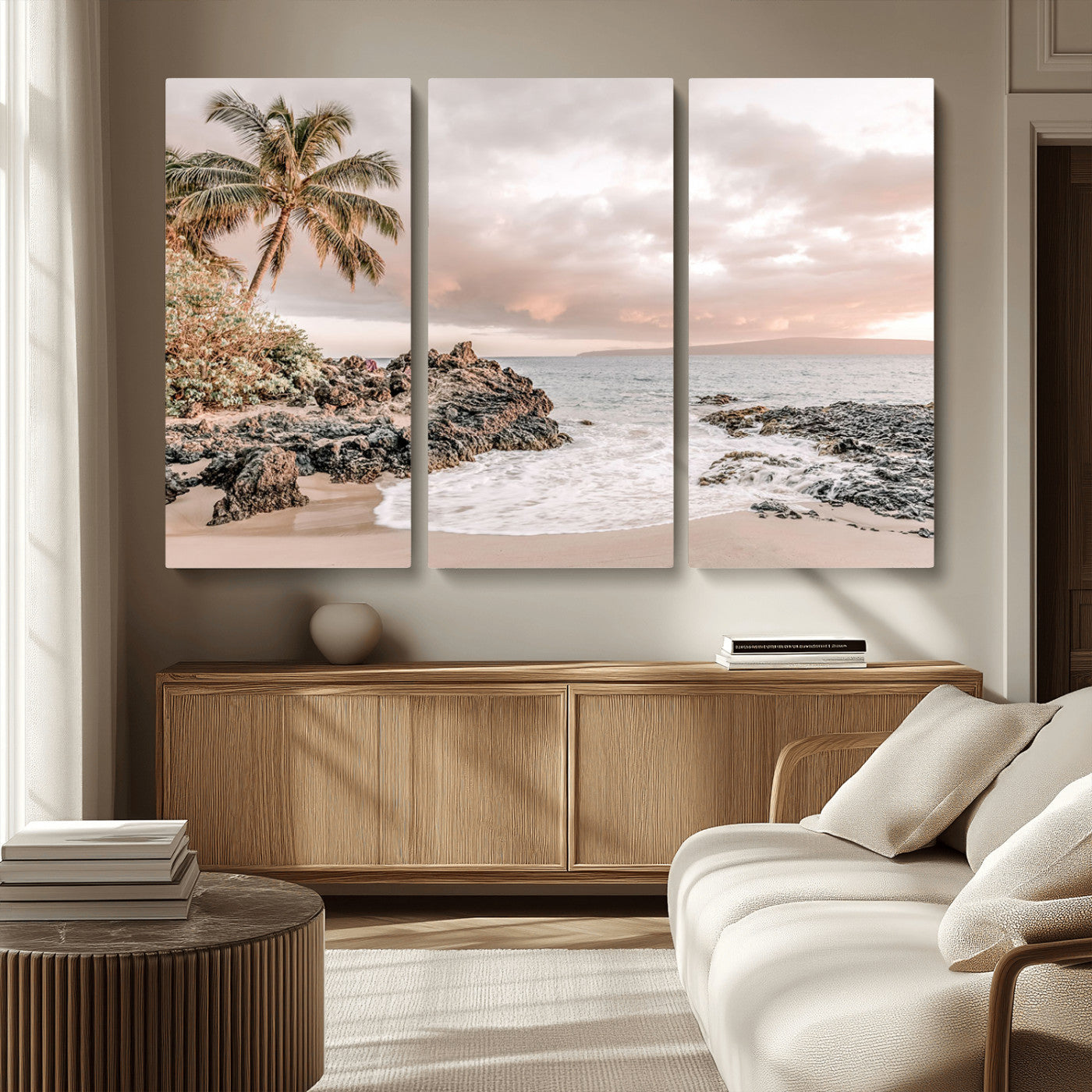 18005328-MGV-CV-36X24-Tropical Beach Canvas Wall Art – Palm Tree, Rocky Shoreline, Ocean Waves, Sunset Clouds, Calm Sea, Island Nature Relaxation for