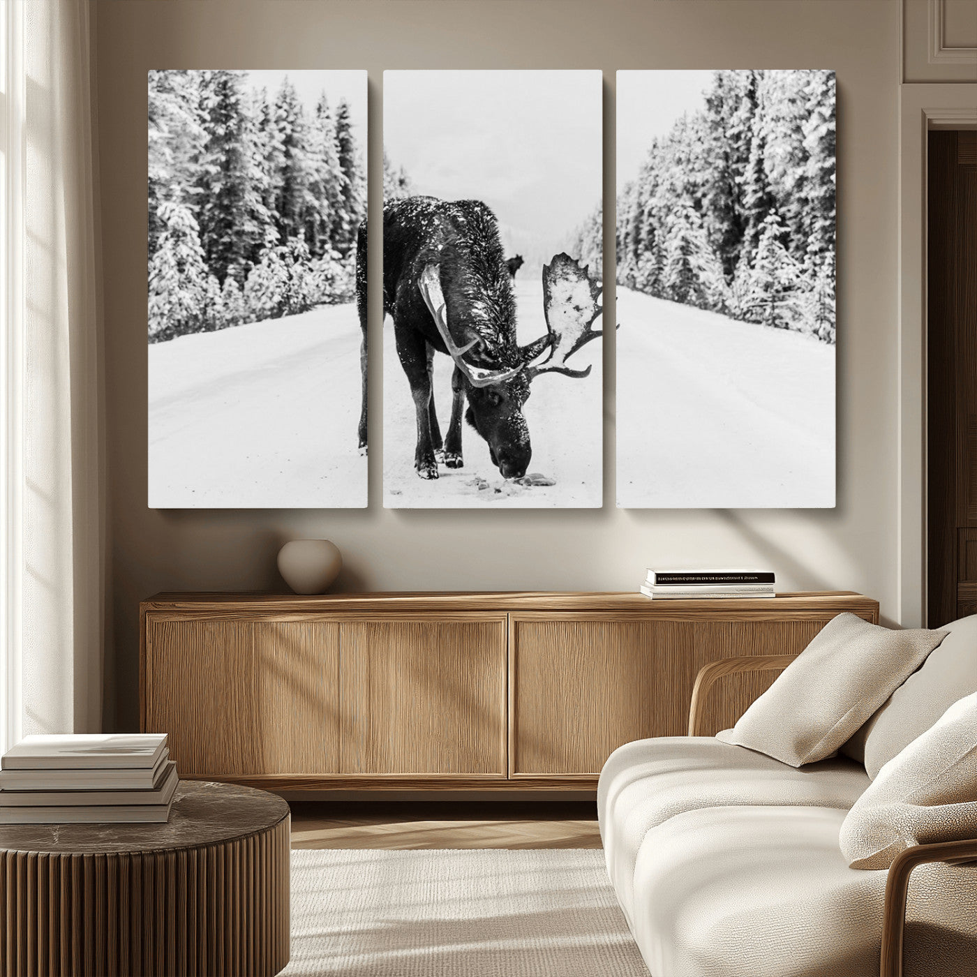 38956835-MGV-CV-36X24-Moose Wall Art – Black and White Wildlife Canvas Print with Snowy Forest Road, Rustic Nature Photography for Cabin, Lodge, Living