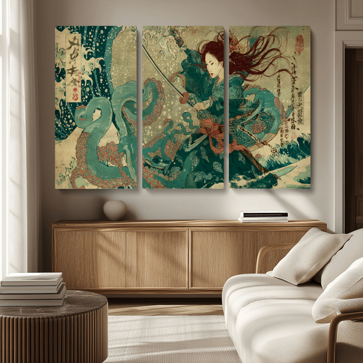 86918027-MGV-CV-36X24-Tsukioka Yoshitoshi Samurai Wall Art Print, Japanese Katana Warrior Canvas Wall Art, Octopus Sea Monster Canvas Print,