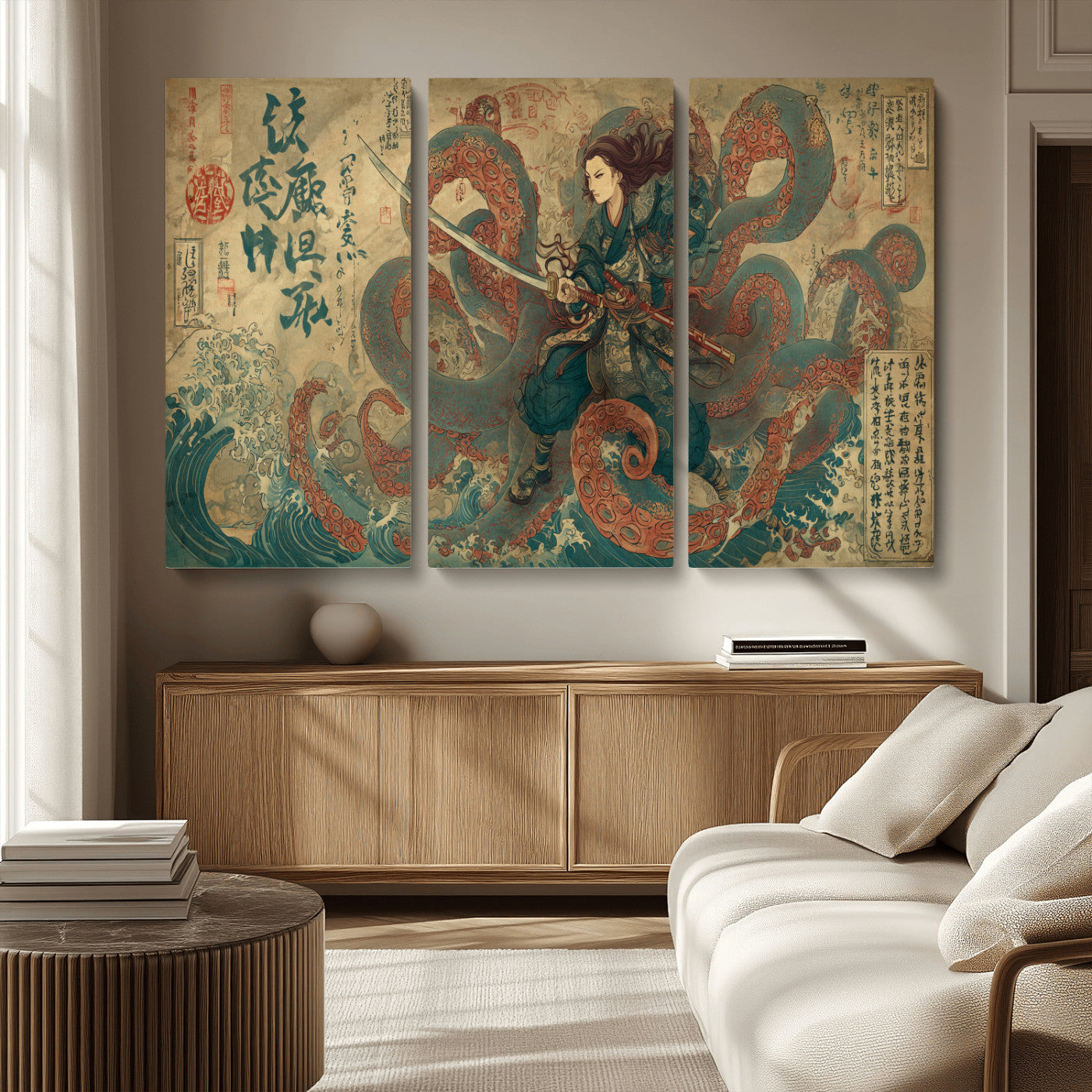 98593115-MGV-CV-36X24-Tsukioka Yoshitoshi Samurai Wall Art Print, Japanese Katana Warrior Canvas Wall Art, Octopus Sea Monster Canvas Print,