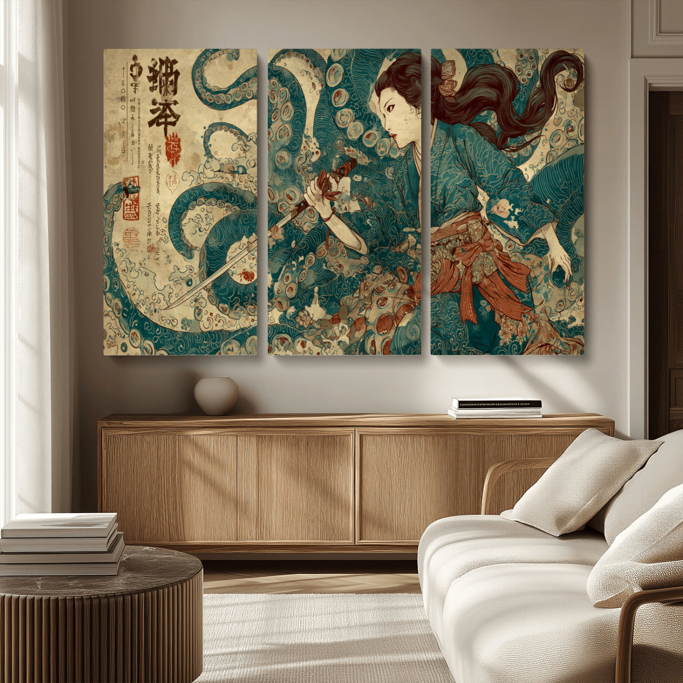 18575670-MGV-CV-36X24-Tsukioka Yoshitoshi Samurai Wall Art Print, Japanese Katana Warrior Canvas Wall Art, Octopus Sea Monster Canvas Print,