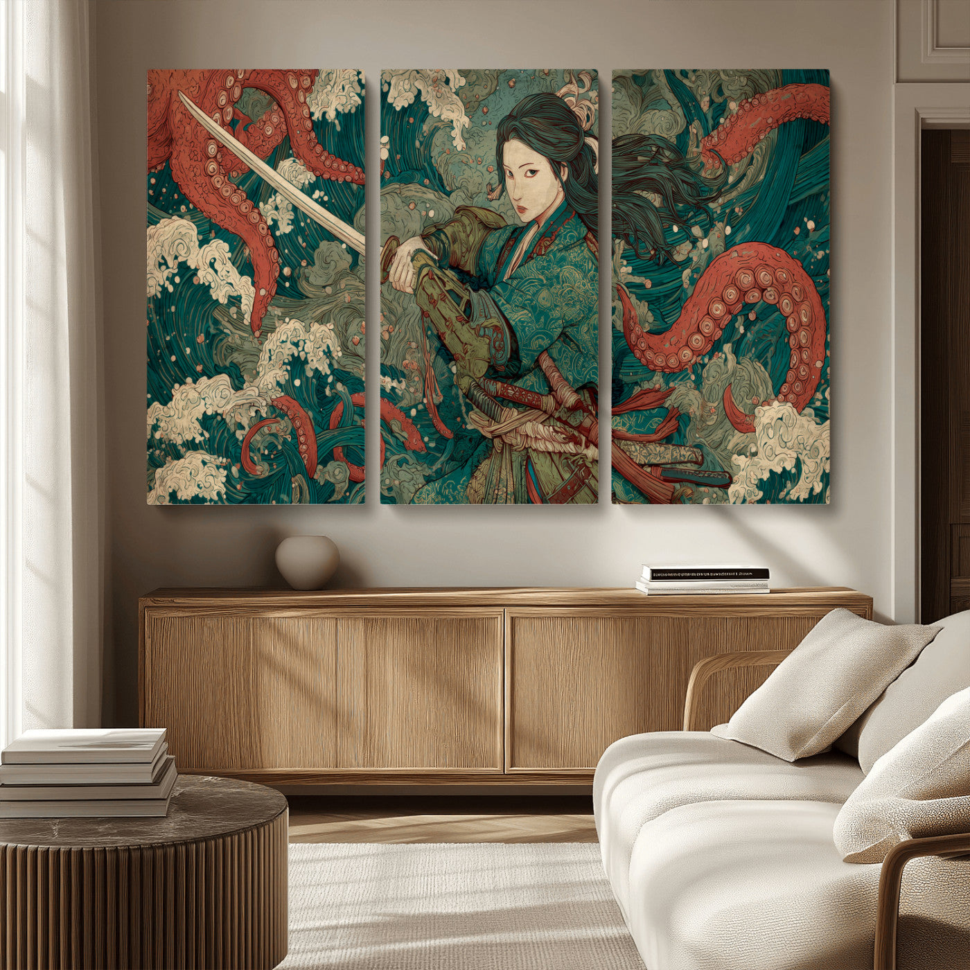 35461724-MGV-CV-36X24-Samurai Woman vs Octopus Wall Art – Japanese Ukiyo-e Ocean Waves Canvas Print, Red Tentacle Battle Artwork for Living Room,