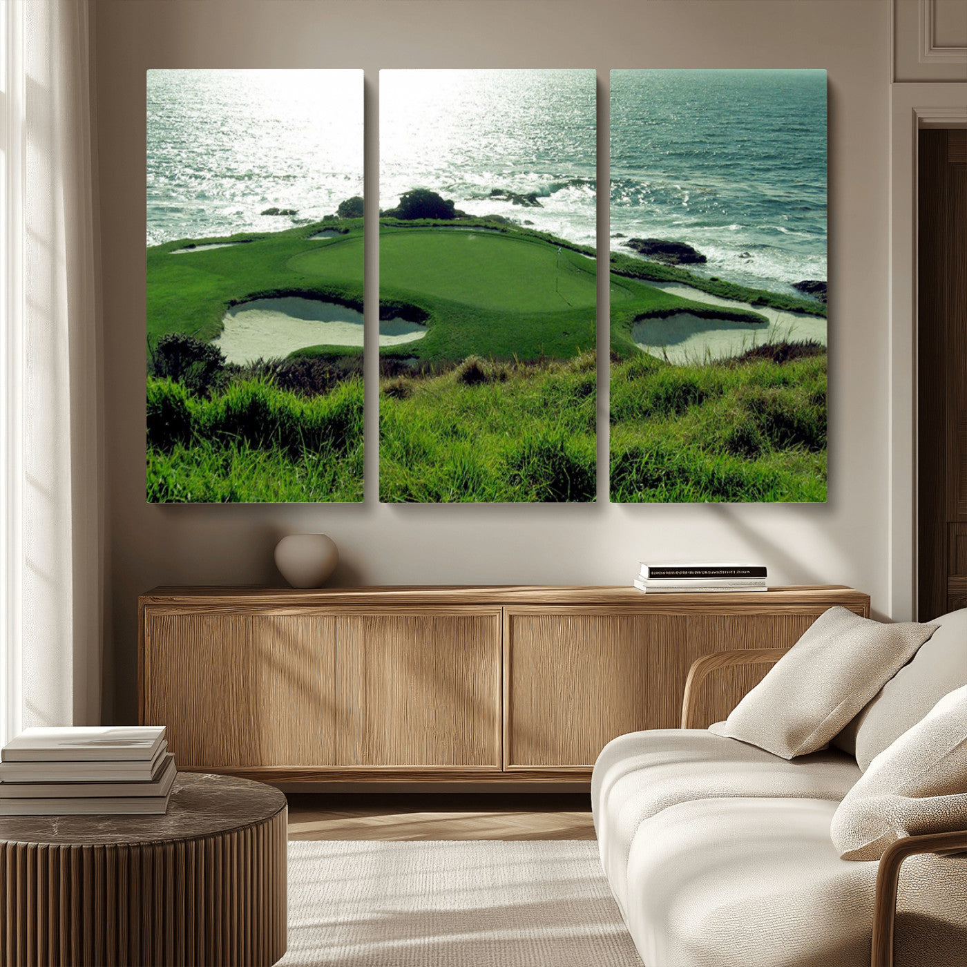 48473947-MGV-CV-36X24-Ocean Golf Course Wall Art – Panoramic Green Fairway Canvas Print, Coastal Golf Landscape Photography Sports Decor for Office, Man