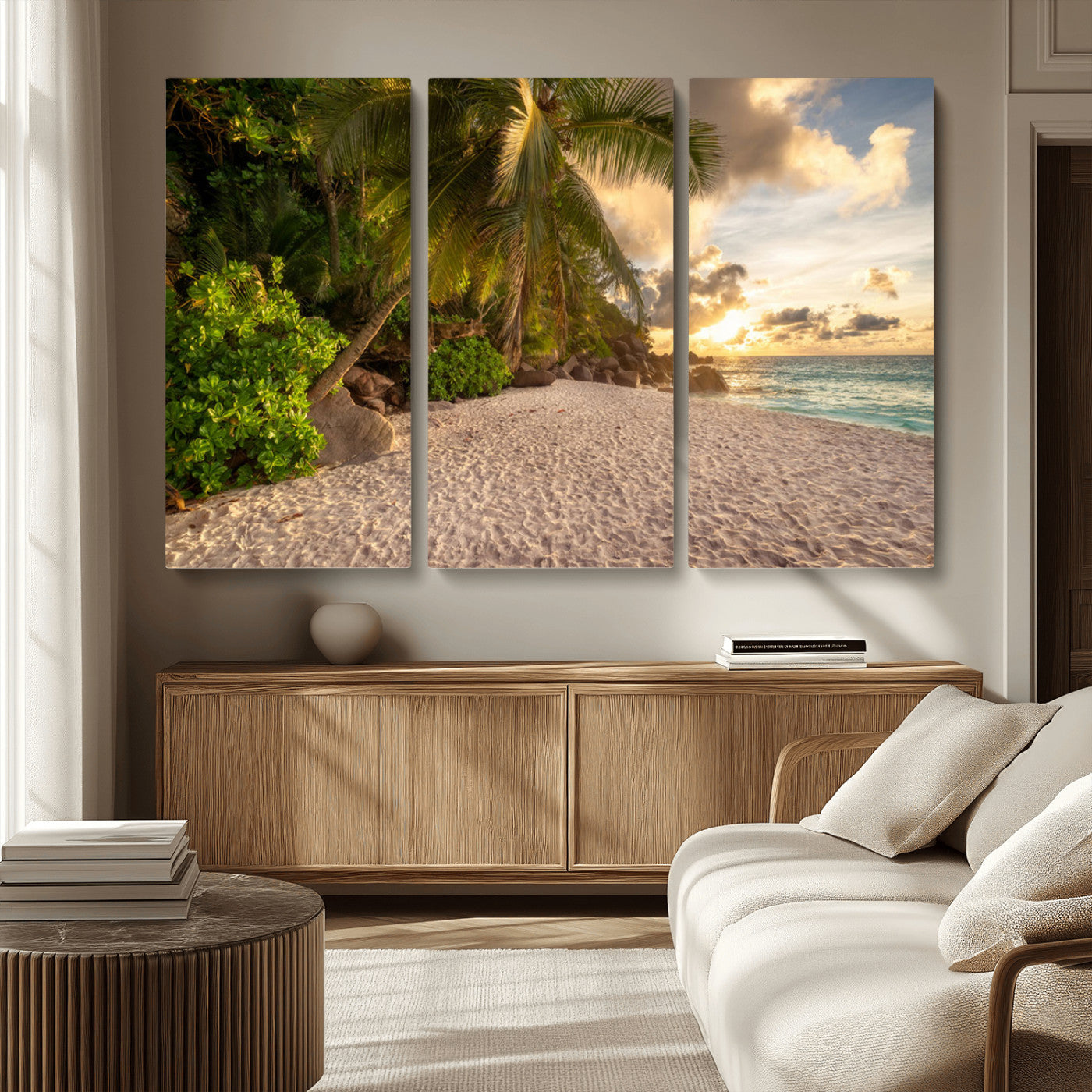 89531159-MGV-CV-36X24-Tropical Beach Sunset Canvas Wall Art – Palm Trees Golden Sand Ocean Waves Coastal Paradise Print for Beach House Bedroom Bathroom